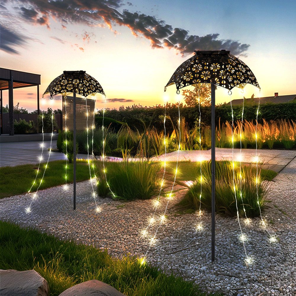 GLOBO LIGHTING LED Solarleuchte, LED-Leuchtmittel fest verbaut, Warmweiß, Solarlampe Außenleuchte Erdspieß Regenschirm 60x LED schwarz 2x