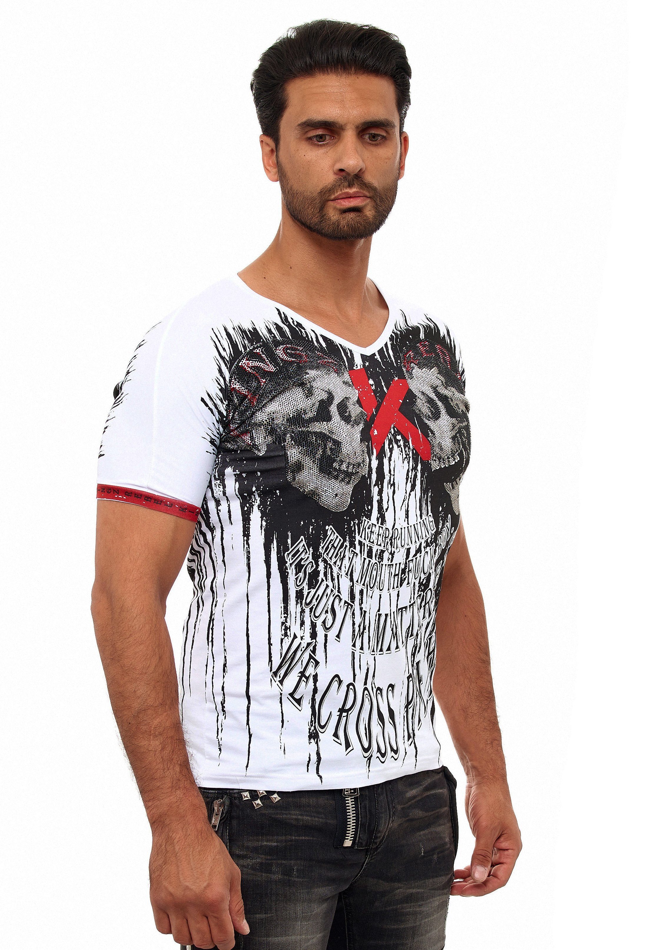 T-Shirt KINGZ Totenkopf-Druck trendigem mit silberfarben-weiß
