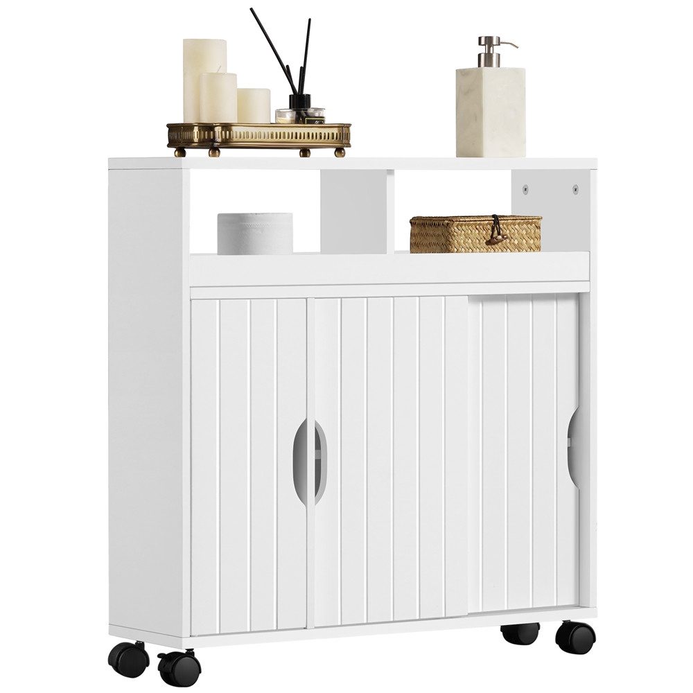 Yaheetech Badkommode Badezimmerschrank 70 × 20 × 72 cm, mit Schiebetüren & 4 Räder mit Bremsen & 7 Fächern