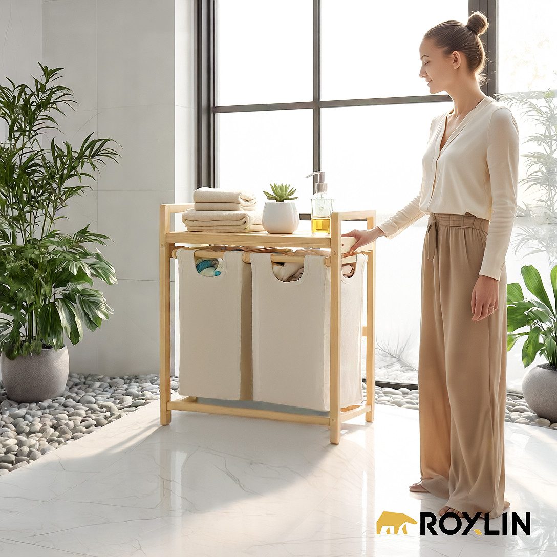 Roxlin Wäschekorb Bambus Wäschekorb 100L mit 2 Fächern Ablage und herausneh günstig online kaufen