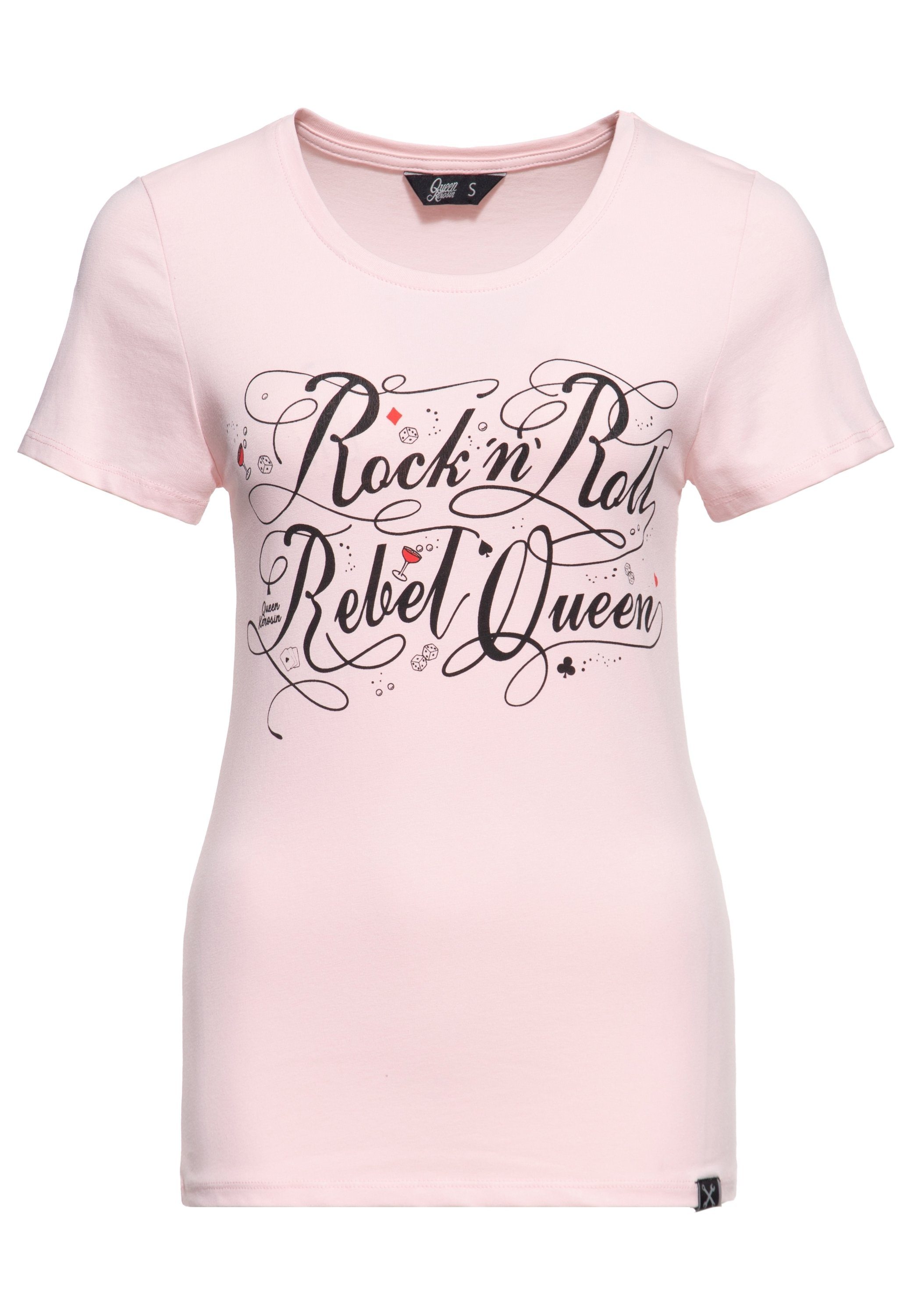 QueenKerosin Print-Shirt Rock'n'Roll Rebel Queen Vintage Print mit Front Statement pink (1-tlg)