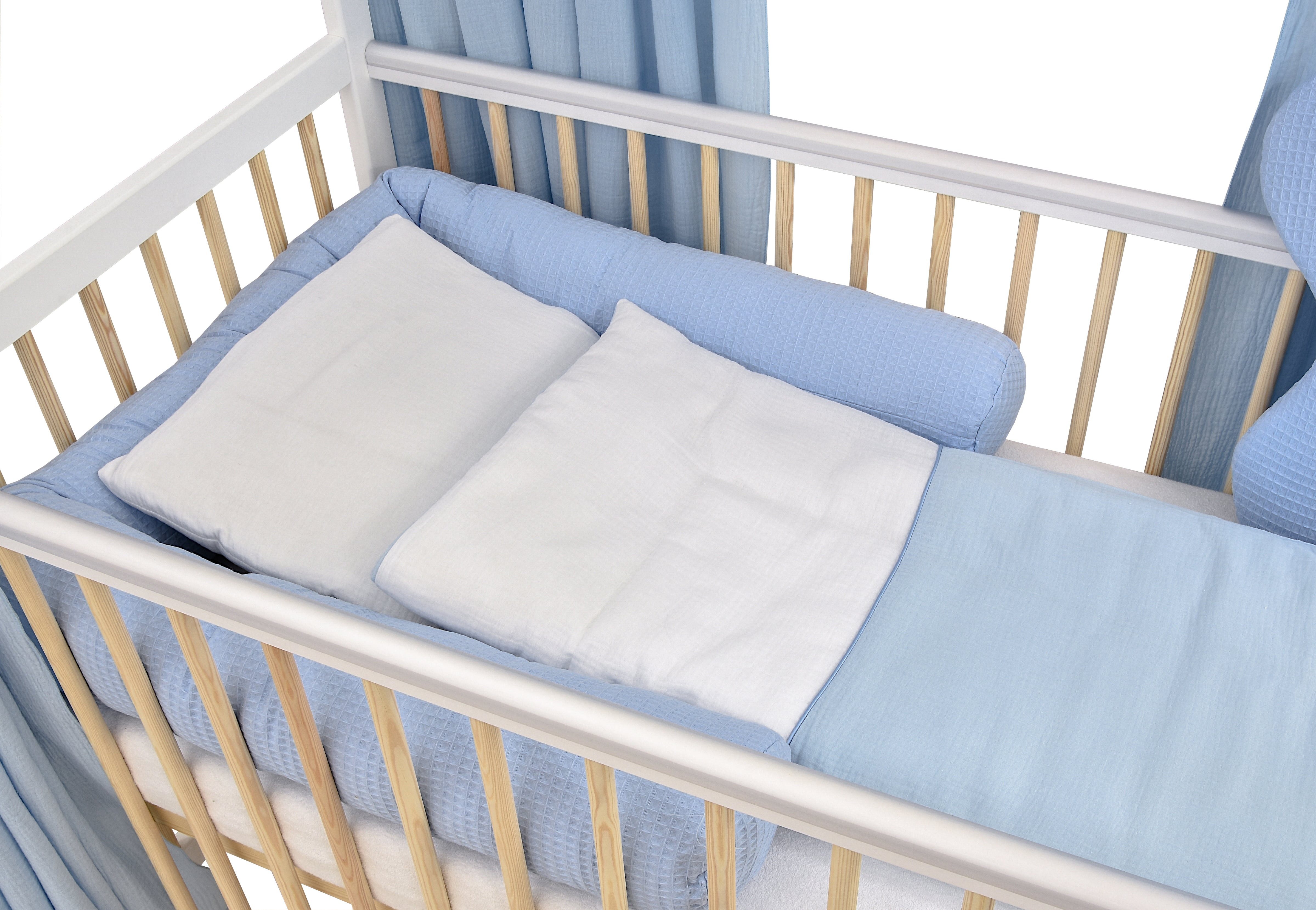 Baby-Delux Komplettbett Hausbett Babybett Komplettset Waffelpique Musselin, 12-tlg., Kinderbett 60x120 cm weiß Natur, Bettset verschiedene Designs