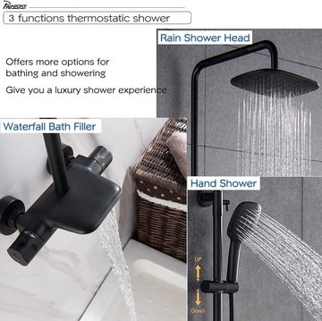 PHASAT Duschsystem Schwarz Thermostat Duscharmatur Duschset Regendusche, mit 3 Funktion Handbrause und Überkopfbrause