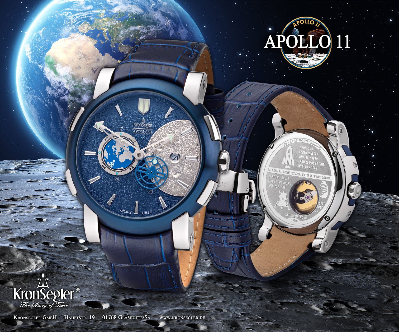 Kronsegler Automatikuhr Apollo 11 Herren Gehäuse Lederband Armbanduhr stahl m