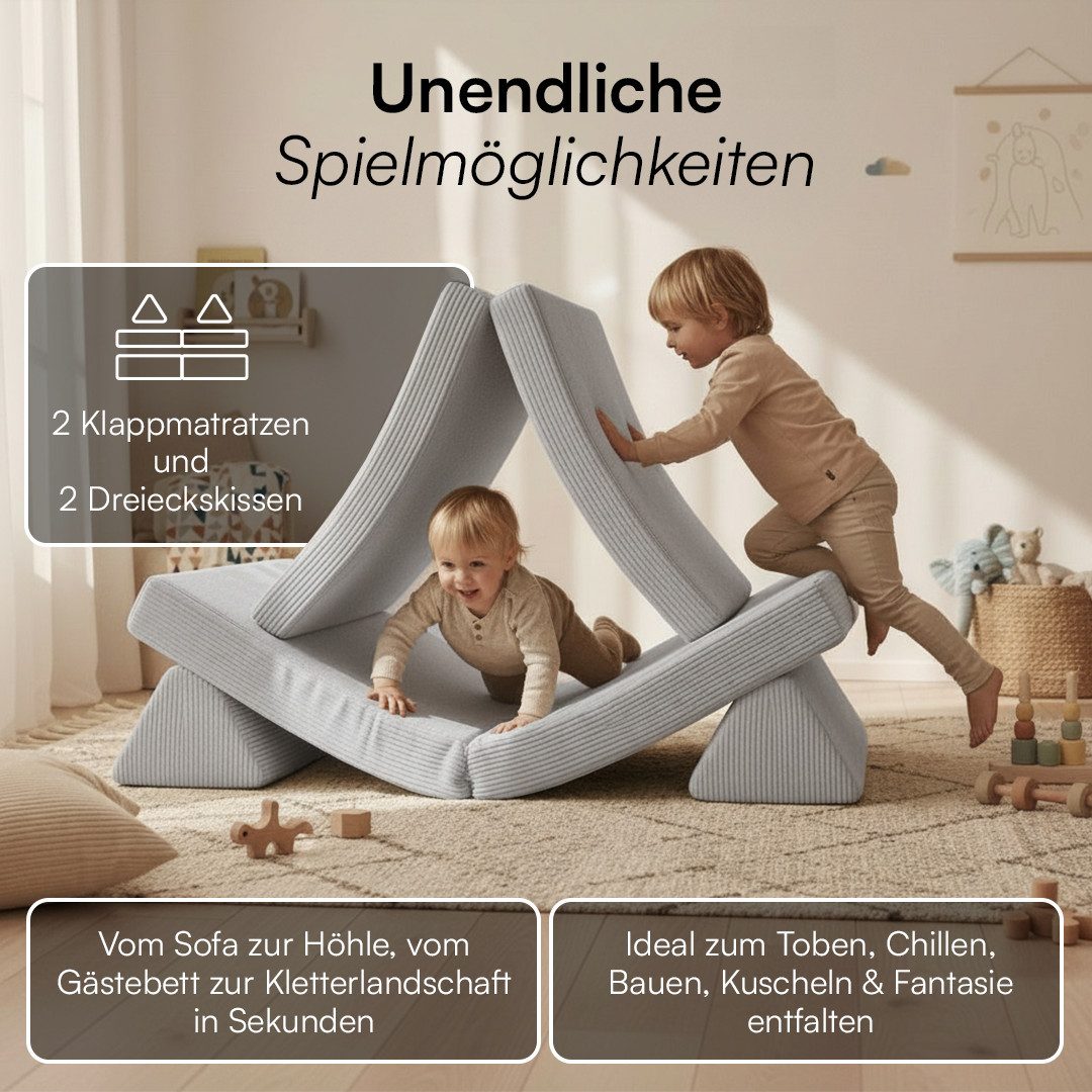Bellabino Kindersofa Nile aus Schaumstoff Teilen, modulare Kindercouch aus Cord, Grau, Maxi-Variante, faltbare Kinderspielcouch, Cordbezug, abnehmbar, waschbar 160x52x75cm