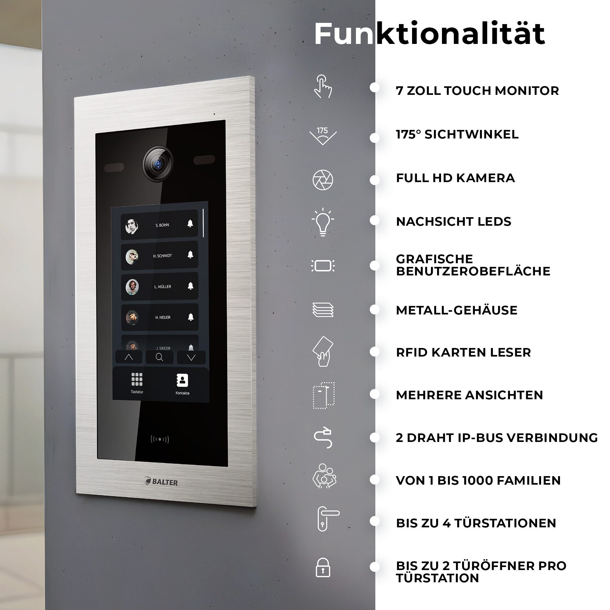 Balter Video-Türsprechanlage Video Türsprechanlage, Touchscreen, RFID, 1 Familienhaus, 1x Monitor (Komplettset, TOUCH, RFID, APP, HD VIDEO)