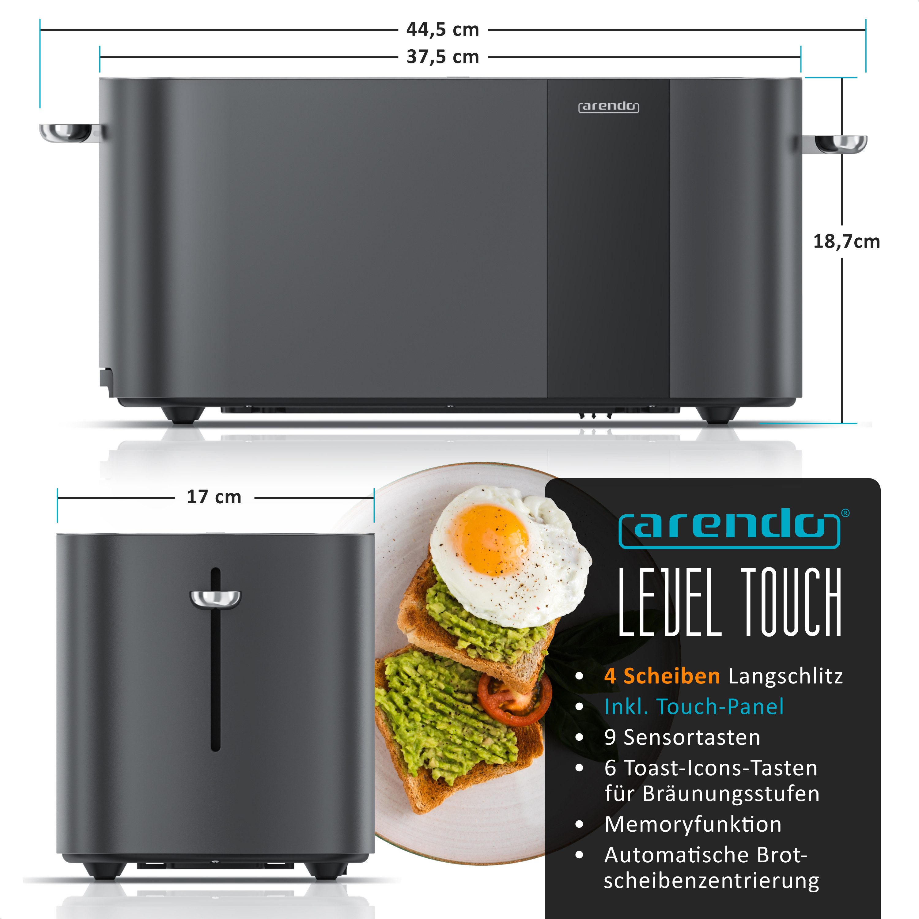 Arendo Toaster Edelstahl, Langschlitz, Touch Display, Restzeit & Bräunungsgradanzeige, 2 lange Schlitze, für 4 Scheiben, 1500 W, Brötchenaufsatz, Wärmeisoliert, Toast-Symbole für Bräunungsgradauswahl