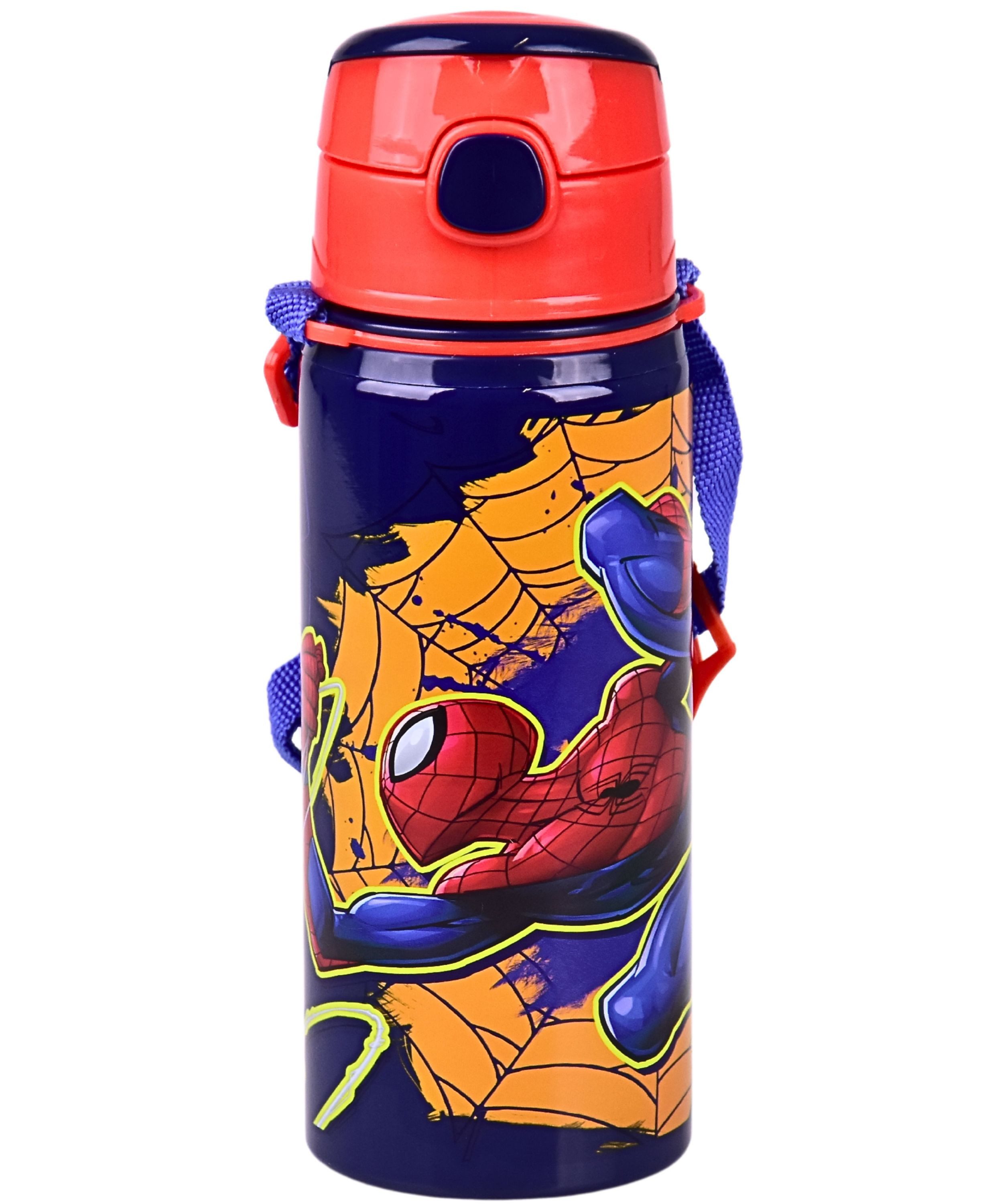 Spiderman Trinkflasche Marvel Kinder Sport-Aluminiumflasche 600 ml, mit Tragegriff, Klappdeckel & Tragegurt