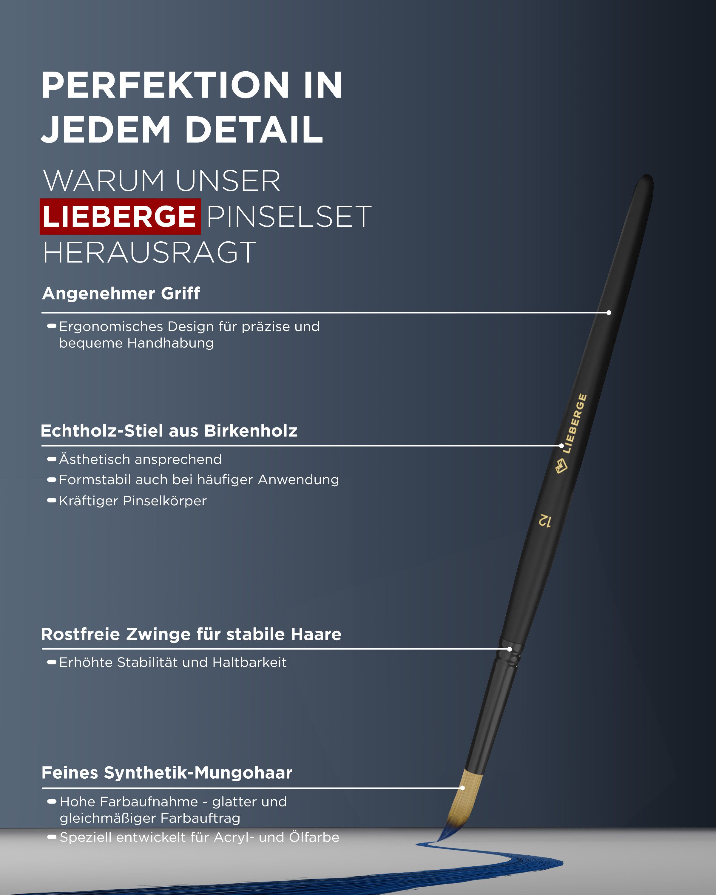 LIEBERGE Malpinsel Premium Set Acryl – 9 Acrylpinsel, inkl. Präsenter, (Set, 9 St., Pinselpräsenter, Flachpinsel, Rundpinsel, Katzenzungenpinsel), Synthetikhaar – Bild 5 von 5