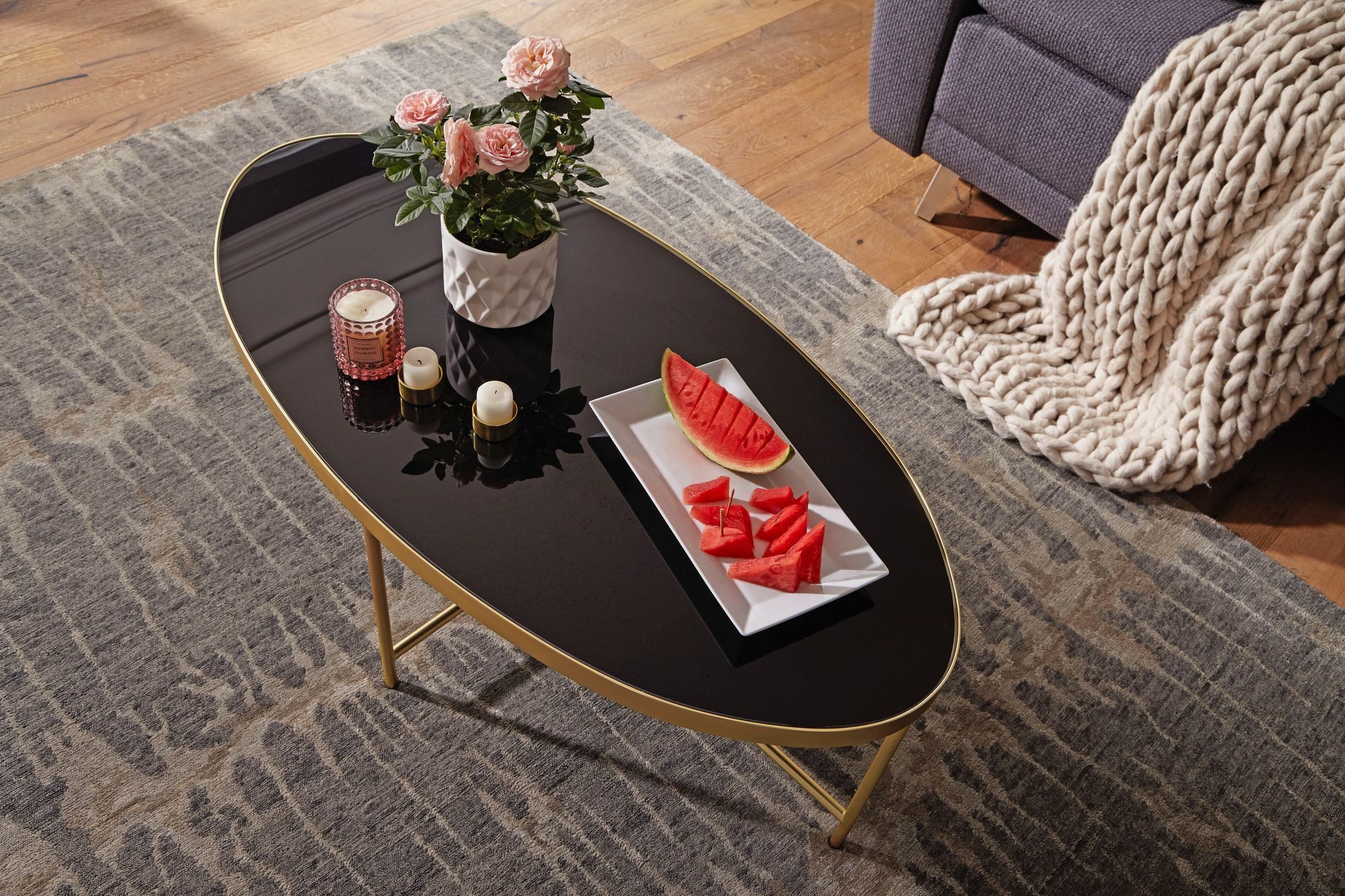 Wohnling Couchtisch WL5.993 Glas Schwarz Wohnzimmertisch Oval 110 x 56 Glastisch Gold (Schwarz - Oval 110 x 56 cm mit Gold Metallgestell), Großer Wohnzimmertisc – Bild 5 von 5