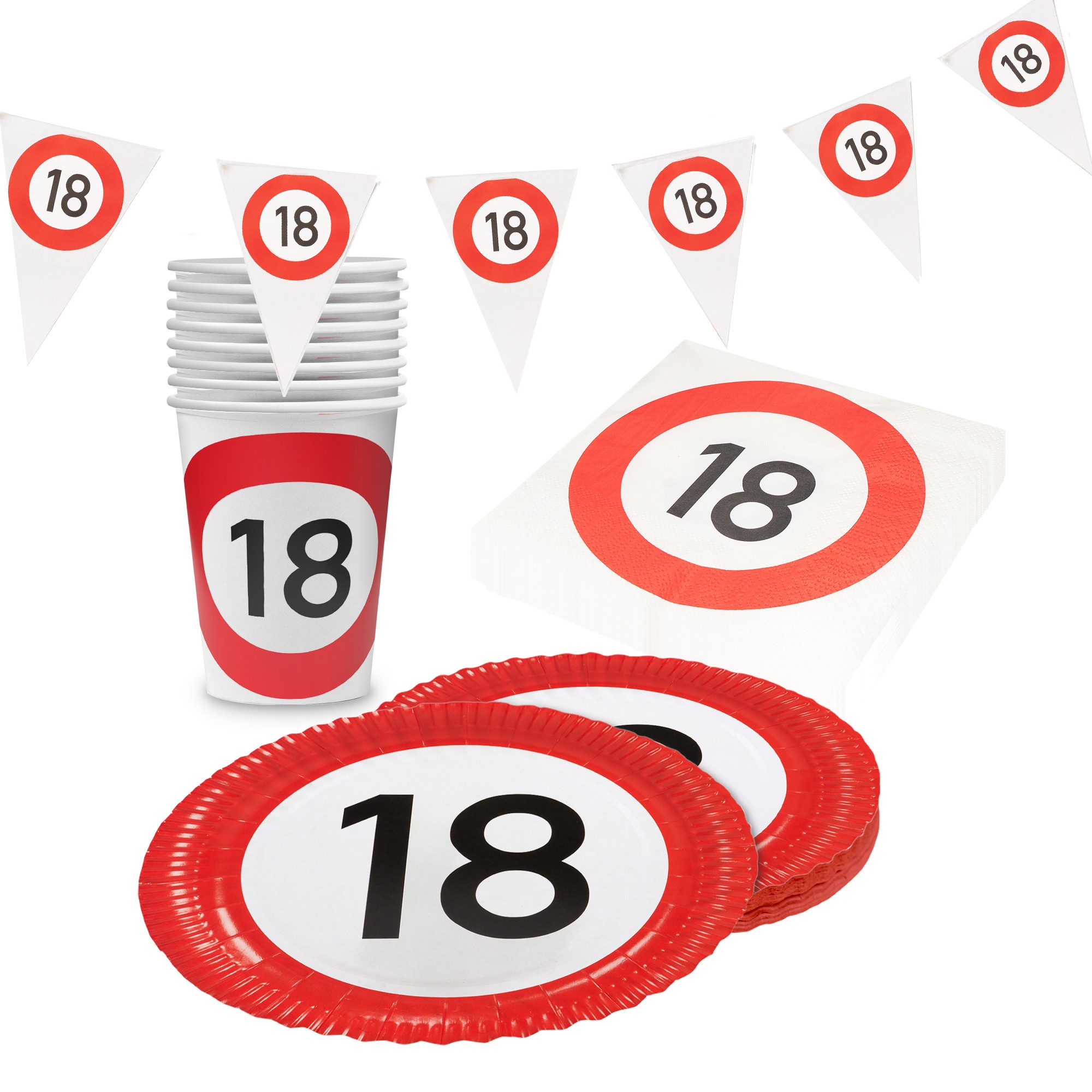 Party Factory Geschirr-Set Happy Birthday 18 – 37-tlg Partyset mit Geschirr und Wimpelkette, 8 Personen, im witzigen witzige Verkehrsschilder-Design