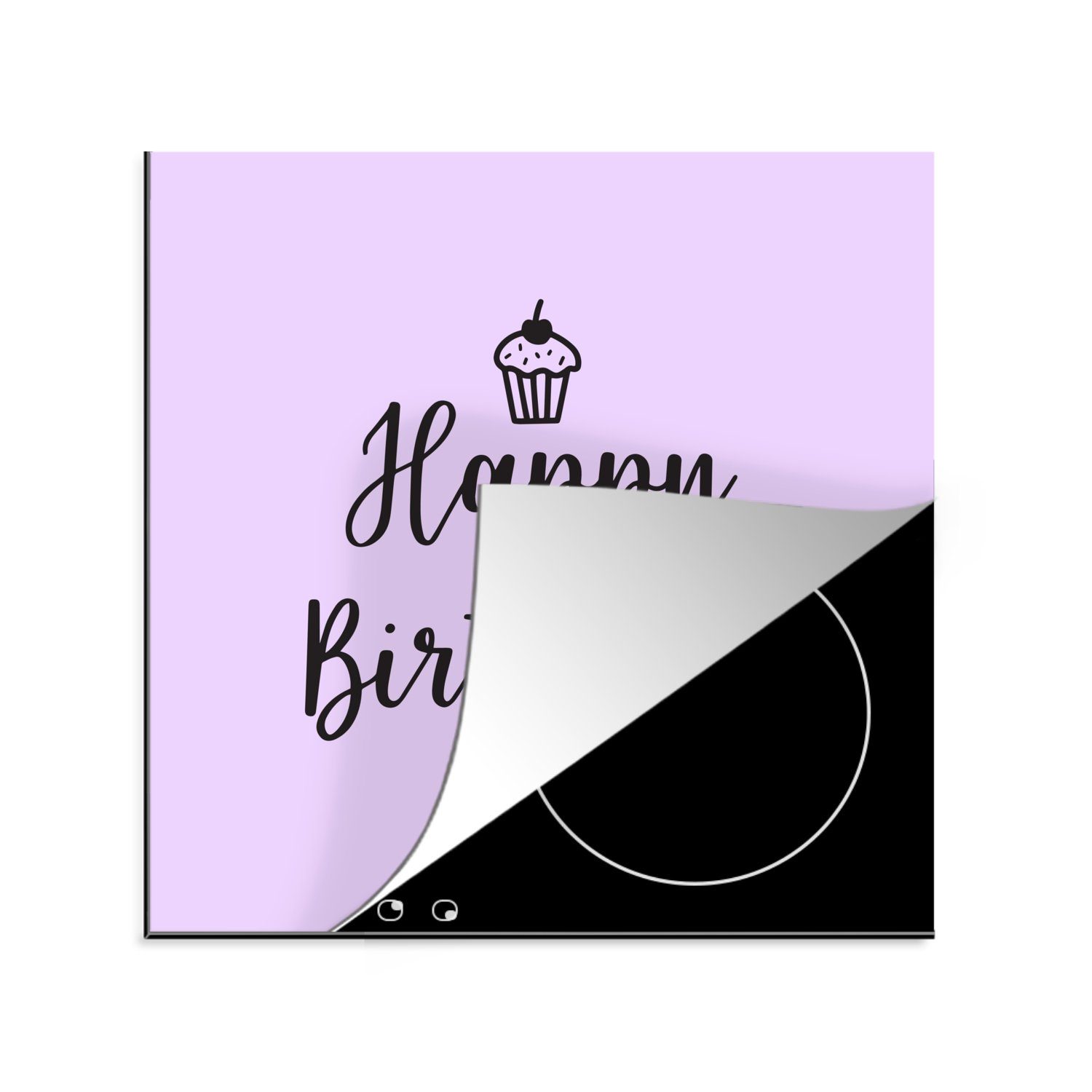MuchoWow Herdblende-/Abdeckplatte Cupcake mit dem Zitat "Happy Birthday" auf einem rosa Hintergrund, Vinyl, (1 tlg), 78x78 cm, Ceranfeldabdeckung, Arbeitsplatte für küche | Herdabdeckplatten