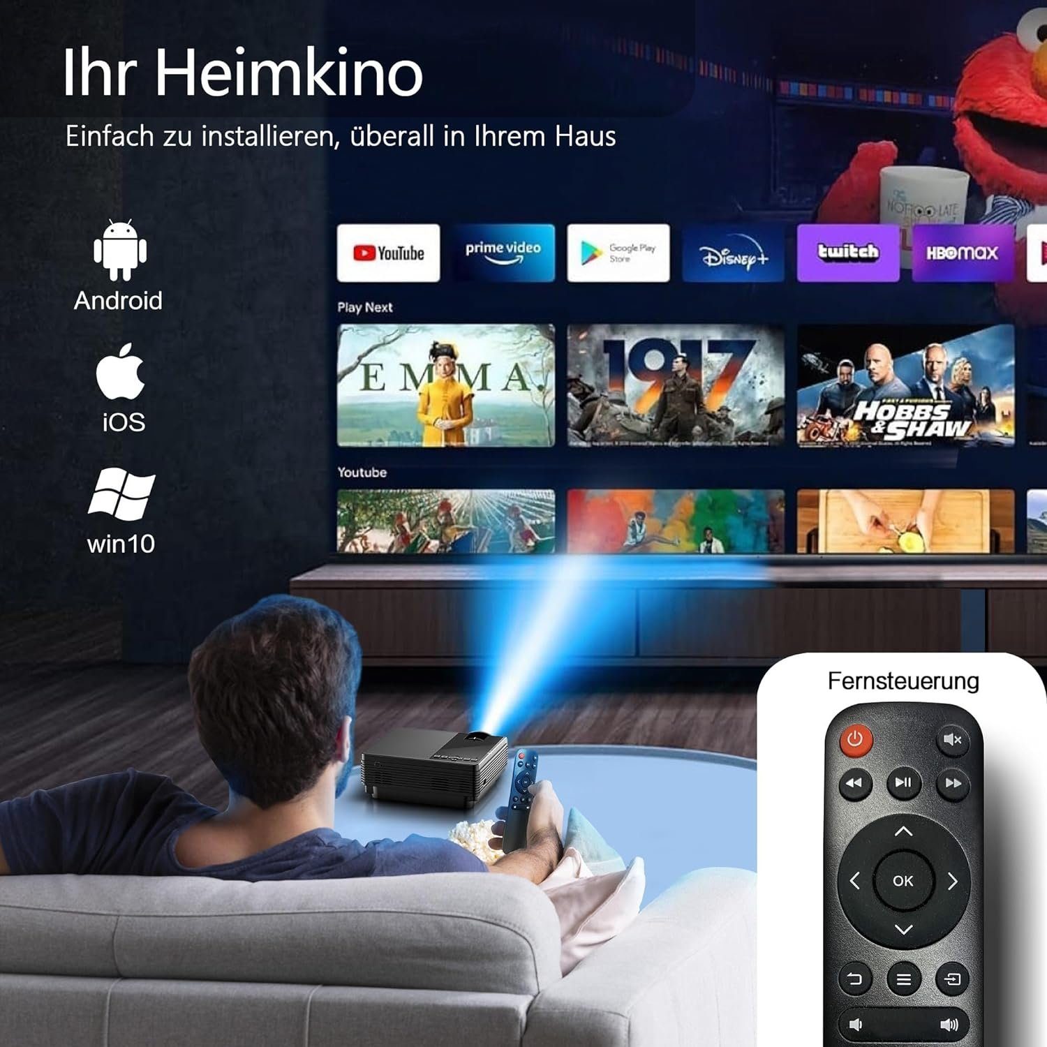 iOS-kompatibel Beamer WiFi/Bluetooth Heimkino px, tragbar FHD 1080 x 1920 staratlas Kurzdinstanzprojektor HDMI/USB/VGA) (10000:1,