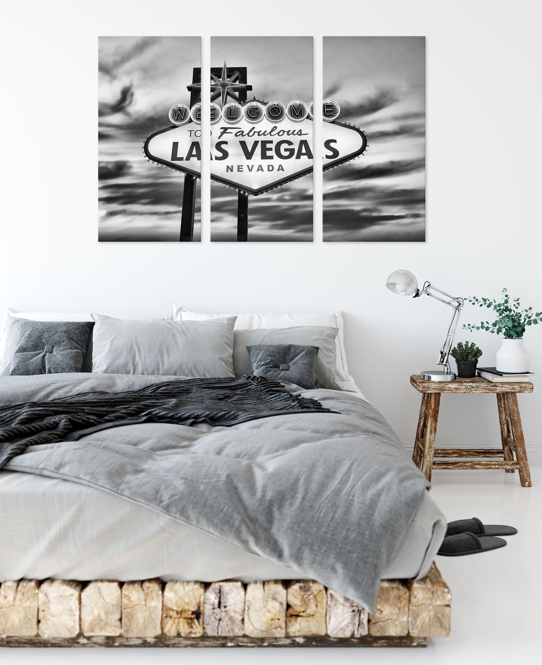 Pixxprint Leinwandbild (1 Las Vegas inkl. Schild, (120x80cm) fertig Zackenaufhänger bespannt, St), 3Teiler Vegas Las Schild Leinwandbild