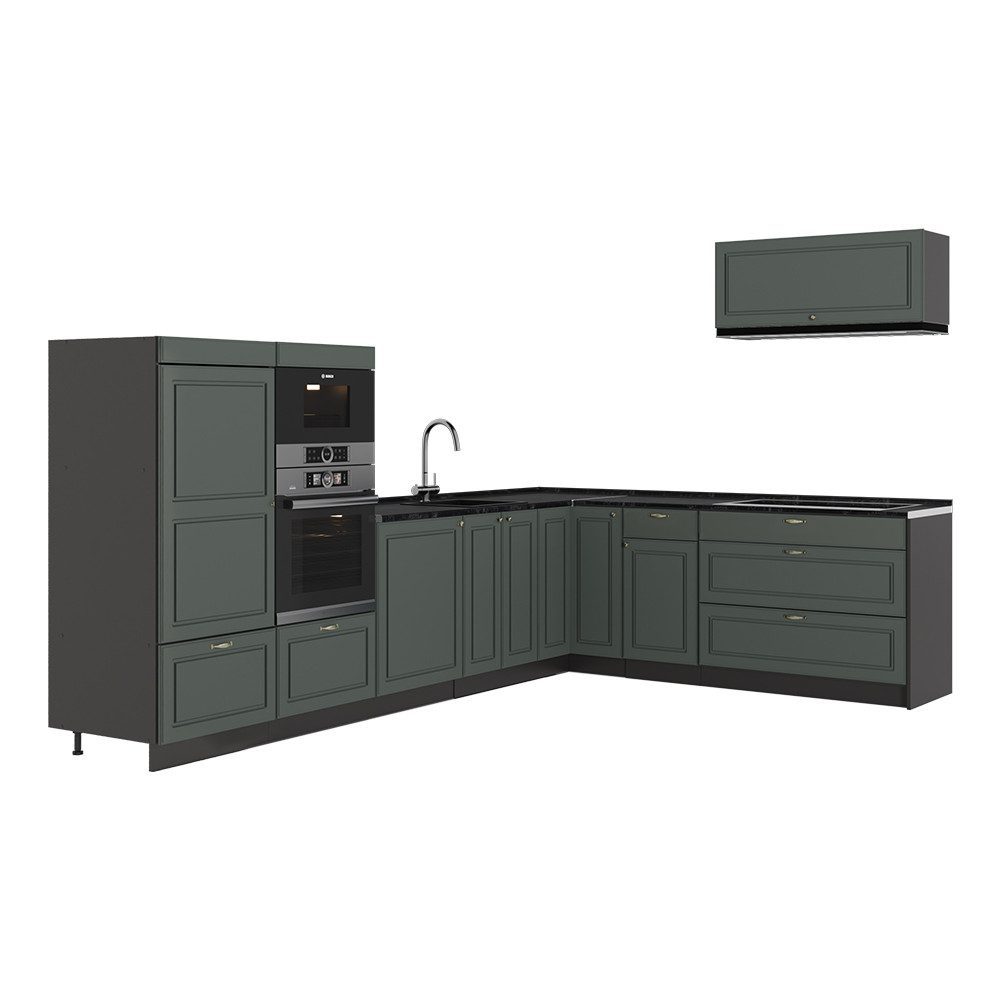 Vicco Winkelküche Fame-Line, Grün-Gold Landhaus/Anthrazit, 327 x 51.6 cm ohne Arbeit...