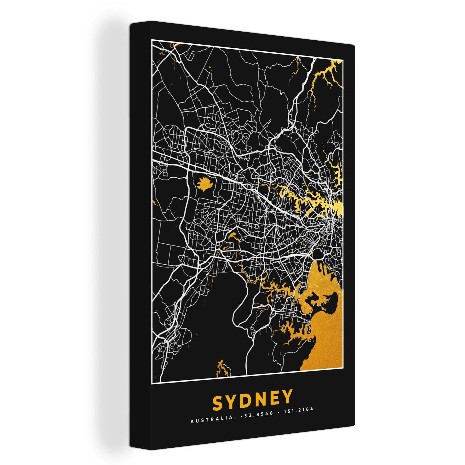 OneMillionCanvasses® Leinwandbild Sydney - Stadtplan - Gold - Karte, (1 St), Leinwandbild fertig bespannt inkl. Zackenaufhänger, Gemälde, 20x30 cm