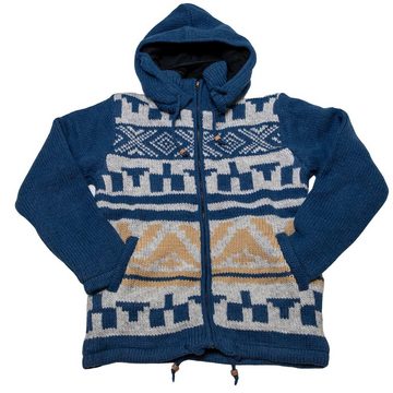 KUNST UND MAGIE Kapuzenstrickjacke Winter-Strickjacke Wolle Fleecefutter Hochkragen Kapuze Aztekenmuster