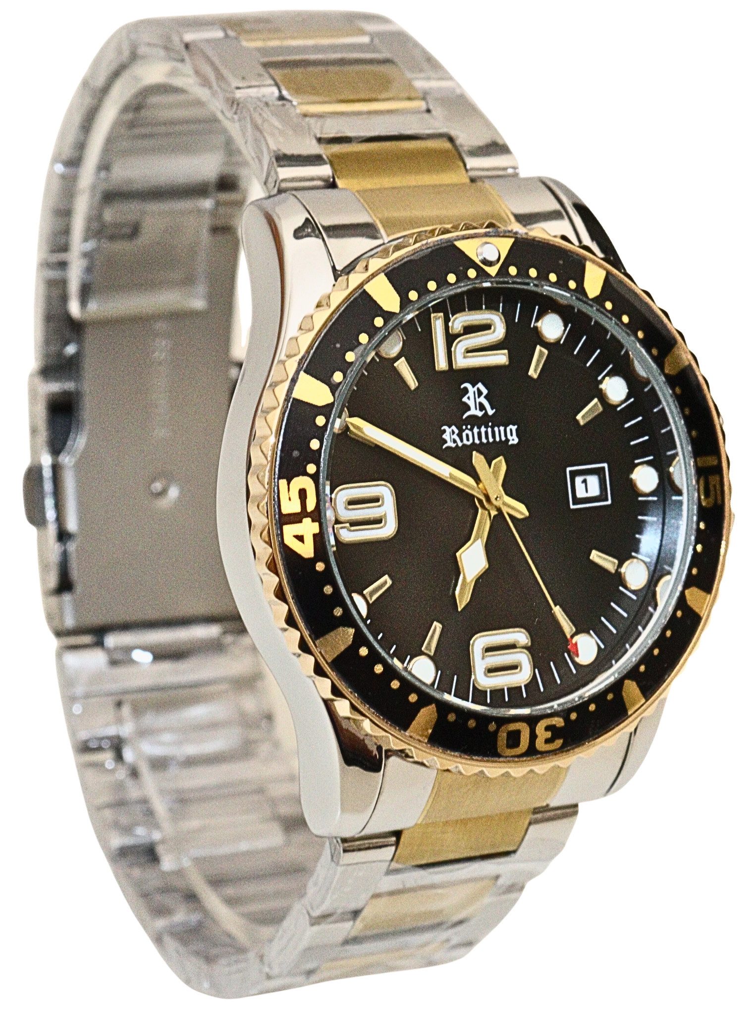Rötting Design Quarzuhr Herrenuhr Datumsanzeige schwarz goldfarbene Lünette zum Drehen, Gehäuse und Armband IP beschichtet, einseitig drehbare Lünette