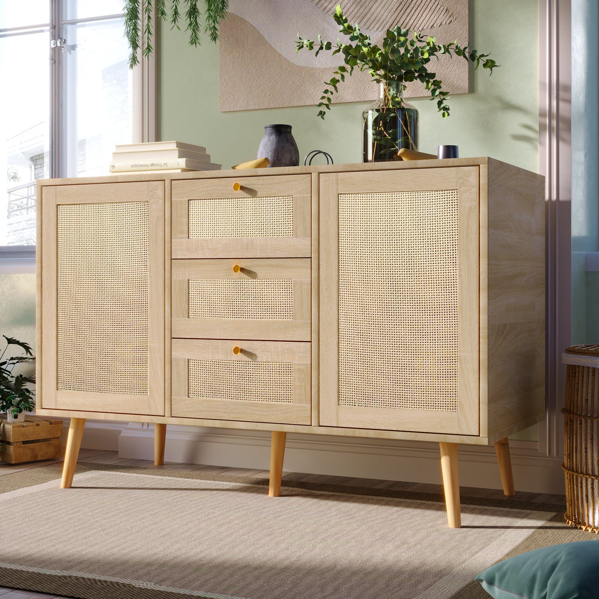 Merax Sideboard mit 2 Türen und 3 Schubladen, Verstellbare Ablage, Kommode  aus Holz und Rattan, Lowboard, B/H/T: 120/82/40cm