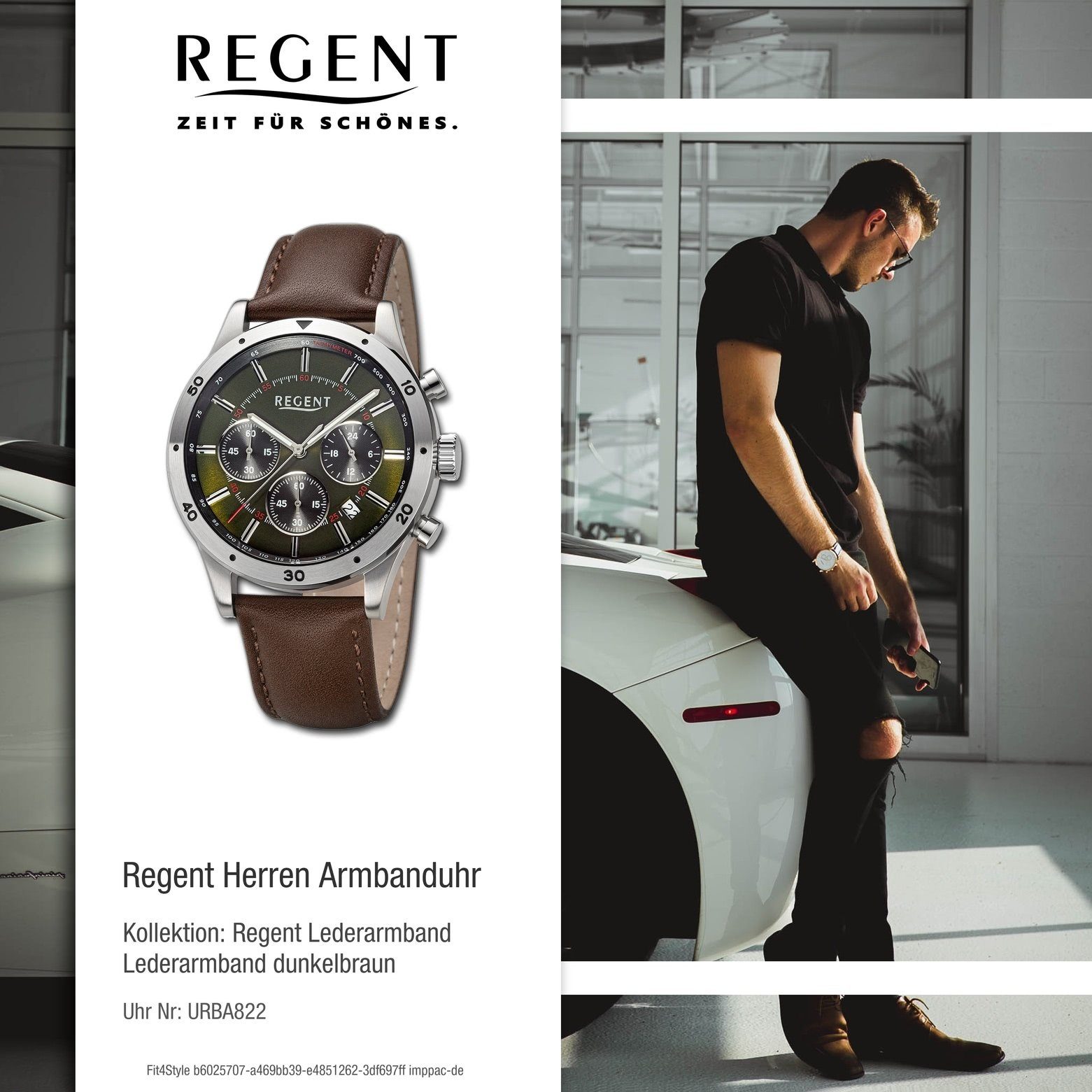 41mm), Regent grün Analog, extra Armbanduhr Regent Quarzuhr (ca. Herren groß Armbanduhr rund, Herren Lederarmband