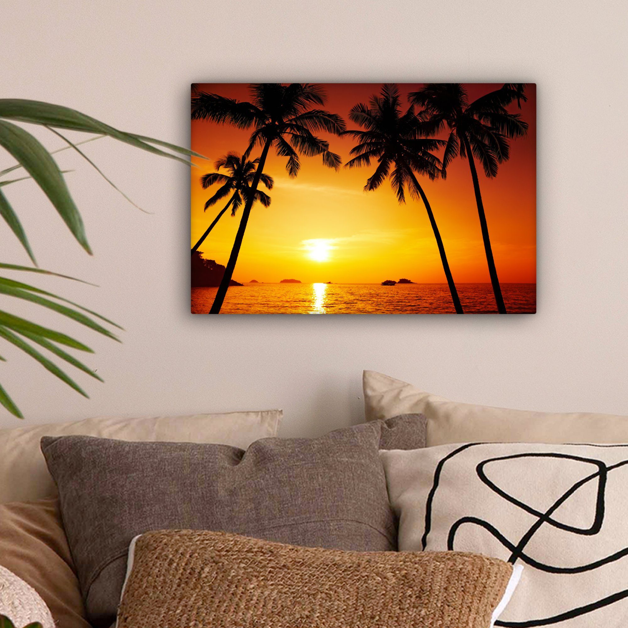 OneMillionCanvasses® Leinwandbild Palme - Sonnenuntergang - Strand - Orange günstig online kaufen