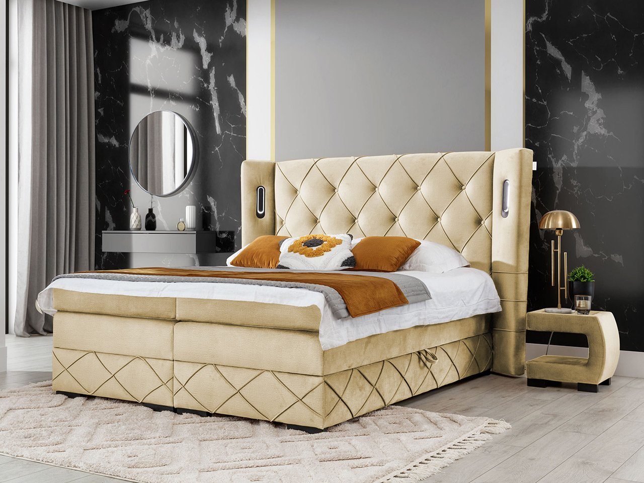 MIRJAN24 Boxspringbett Focus Lux (mit zwei Bettkästen), LED-Beleuchtung, Holzfüße in der Farbe Schwarz, Pocket-Taschenfedern
