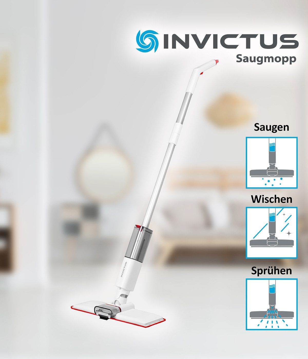 Genius Akku-Saugwischer Genius Wischmopp Set 3 in 1 mit Saugfunktion, Saugwischer Kabellos, beutellos, 180°-Knickgelenk, USB-C Anschluss, Abnehmbarer Wassertank