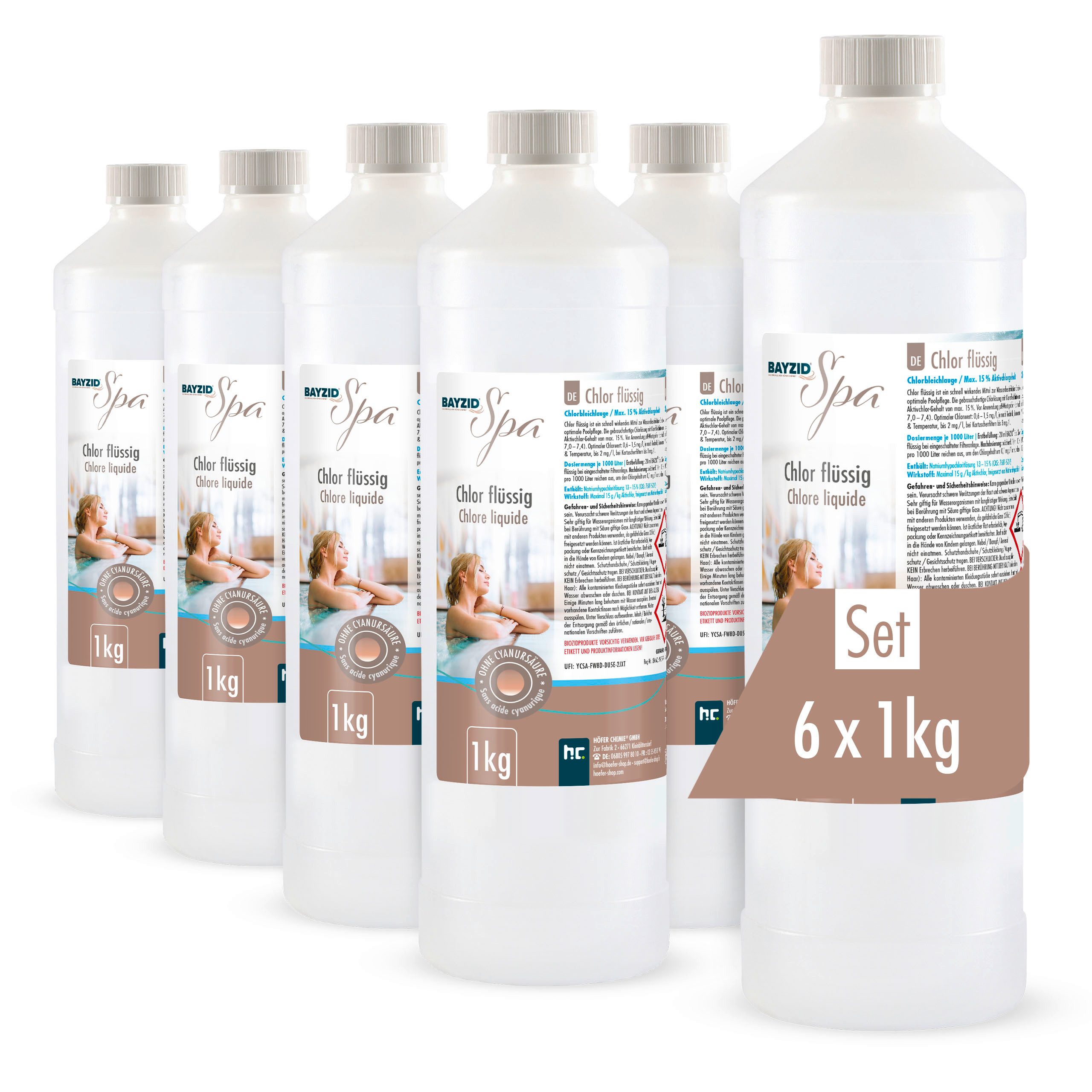 Höfer Chemie GmbH Poolpflege 6x 1 kg BAYZID® SPA Chlor flüssig für Whirlpools & Planschbecken, Zuverlässige Desinfektion für Whirlpools