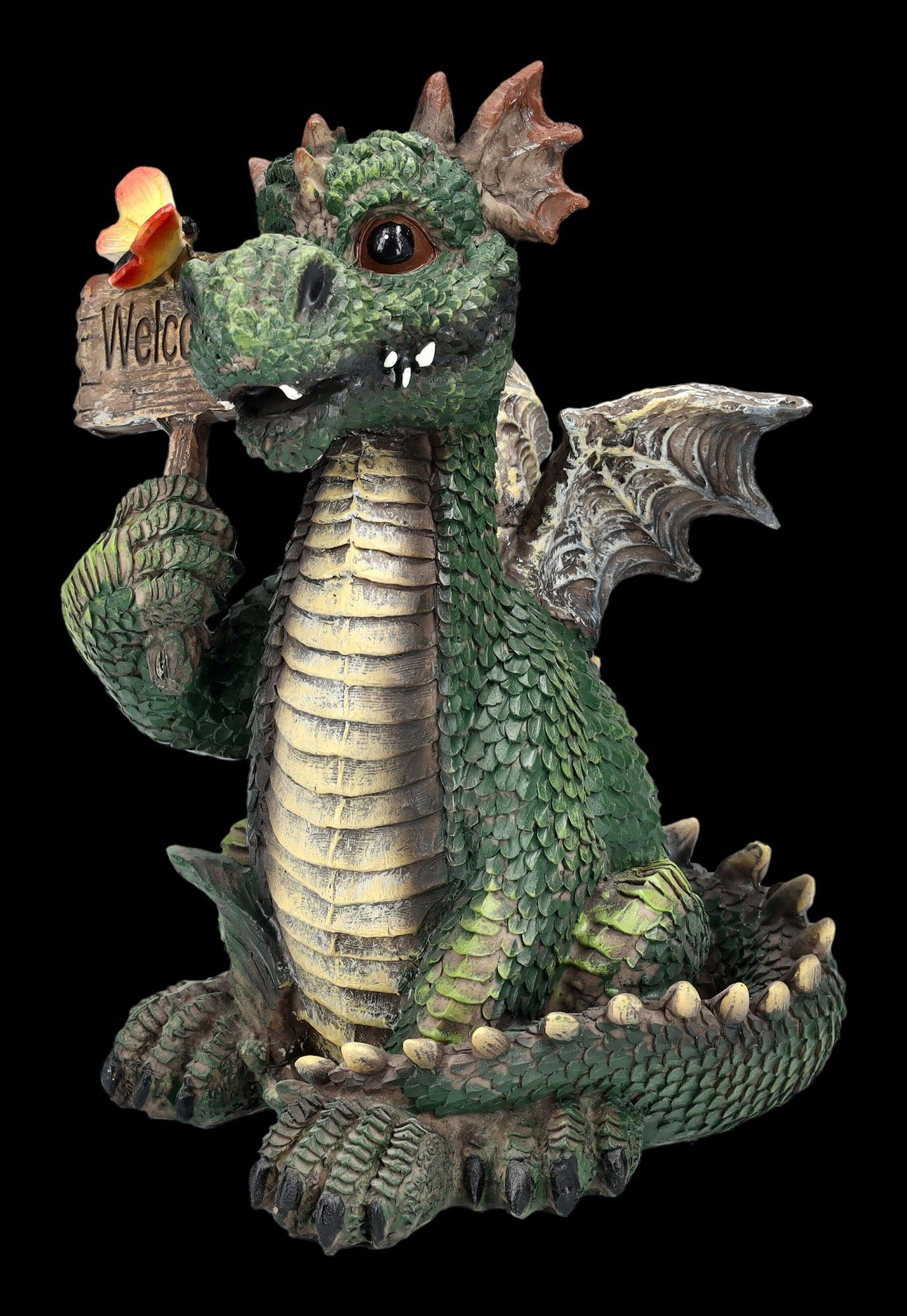 Figuren Shop GmbH Fantasy-Figur Drachen Figur grün mit Welcome Schild - Fantasy Dekoration
