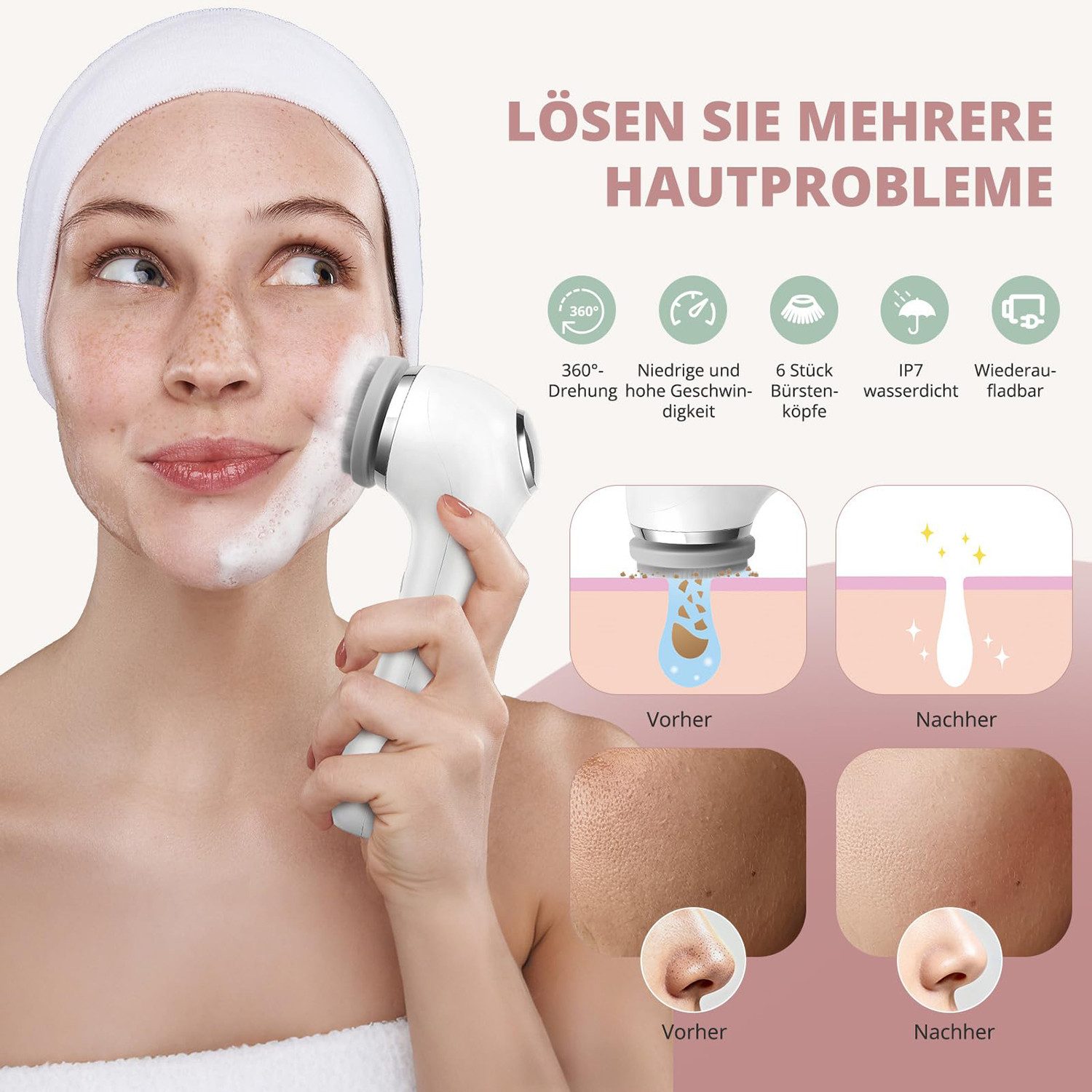 ibettertec Gesichtsbürstenaufsatz Elektrische Gesichtsreinigungsbürste, Geräte zur Gesichtsreinigung, Elektrische Reinigungsbürste Gesicht Mitesser, Peeling und Massage