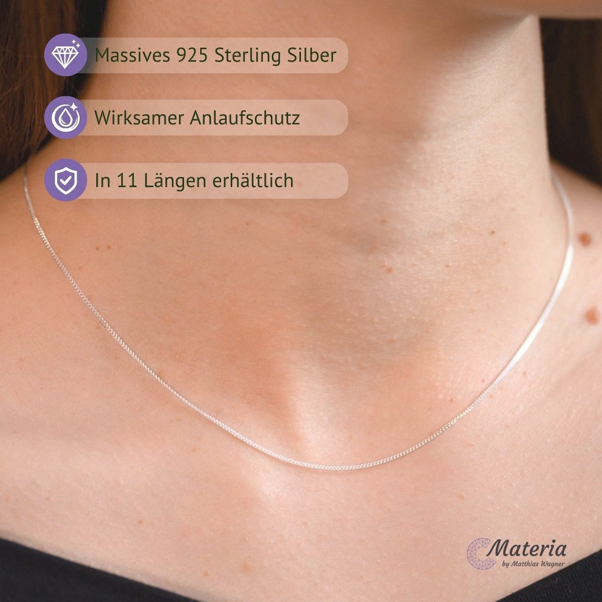 Materia Silberkette Damen Panzerkette Silber fein 1mm 40-120cm K32, 925 Sterling Silber – Bild 3 von 5