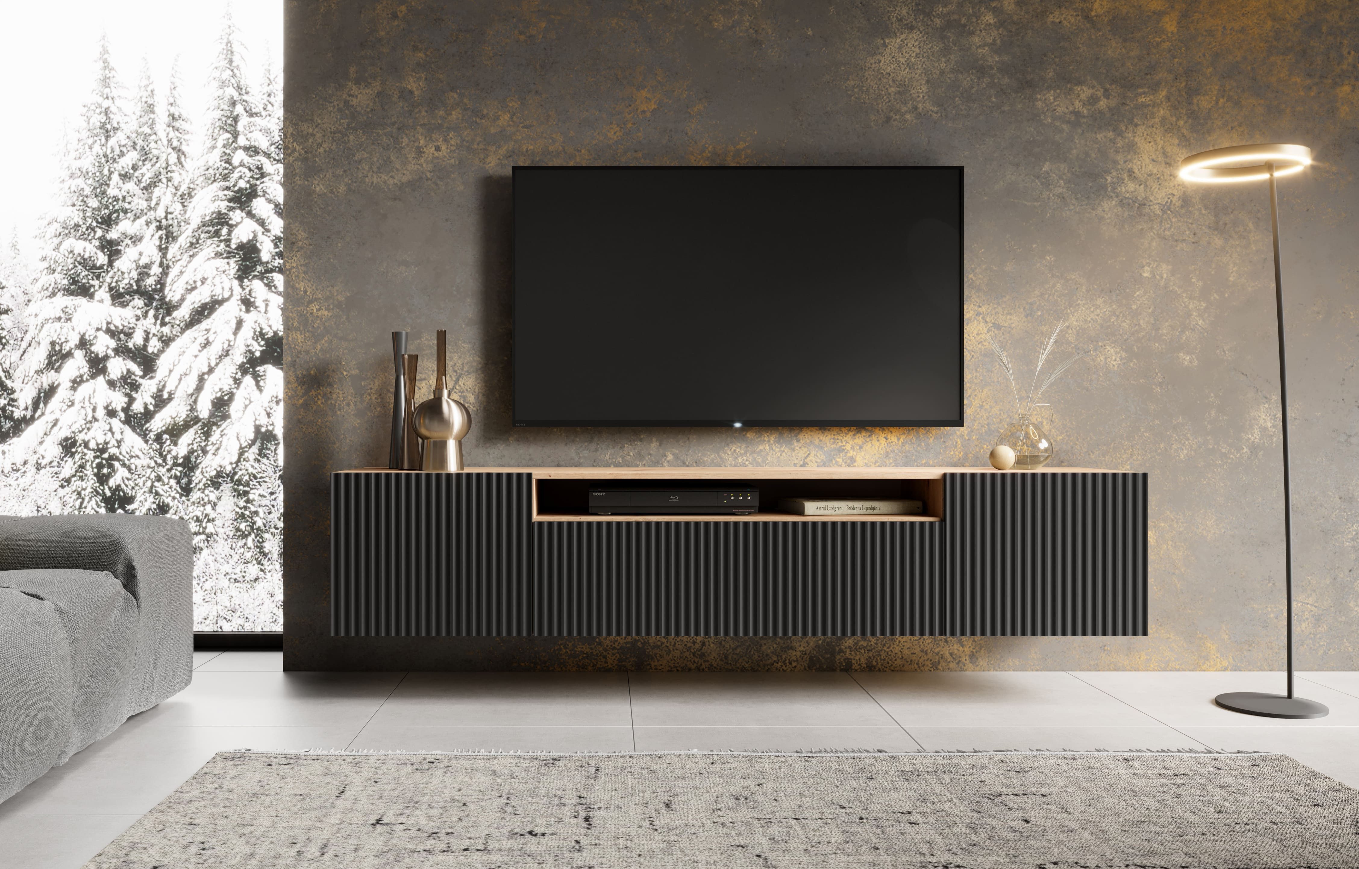 MOEBLO TV-Board VIRENO (TV-Schrank – modern, stehend oder hängend, mit geräumigen Fächern & stilvollen Fronten, 200 cm, verschiedene Farben), (BxHxT): 200 x 53 x 41 cm
