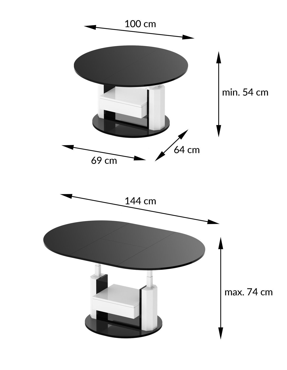 Couchtisch Hochglanz höhenverstellbar Hochglanz Schublade HPM-111 ausziehbar mit Schwarz Couchtisch designimpex
