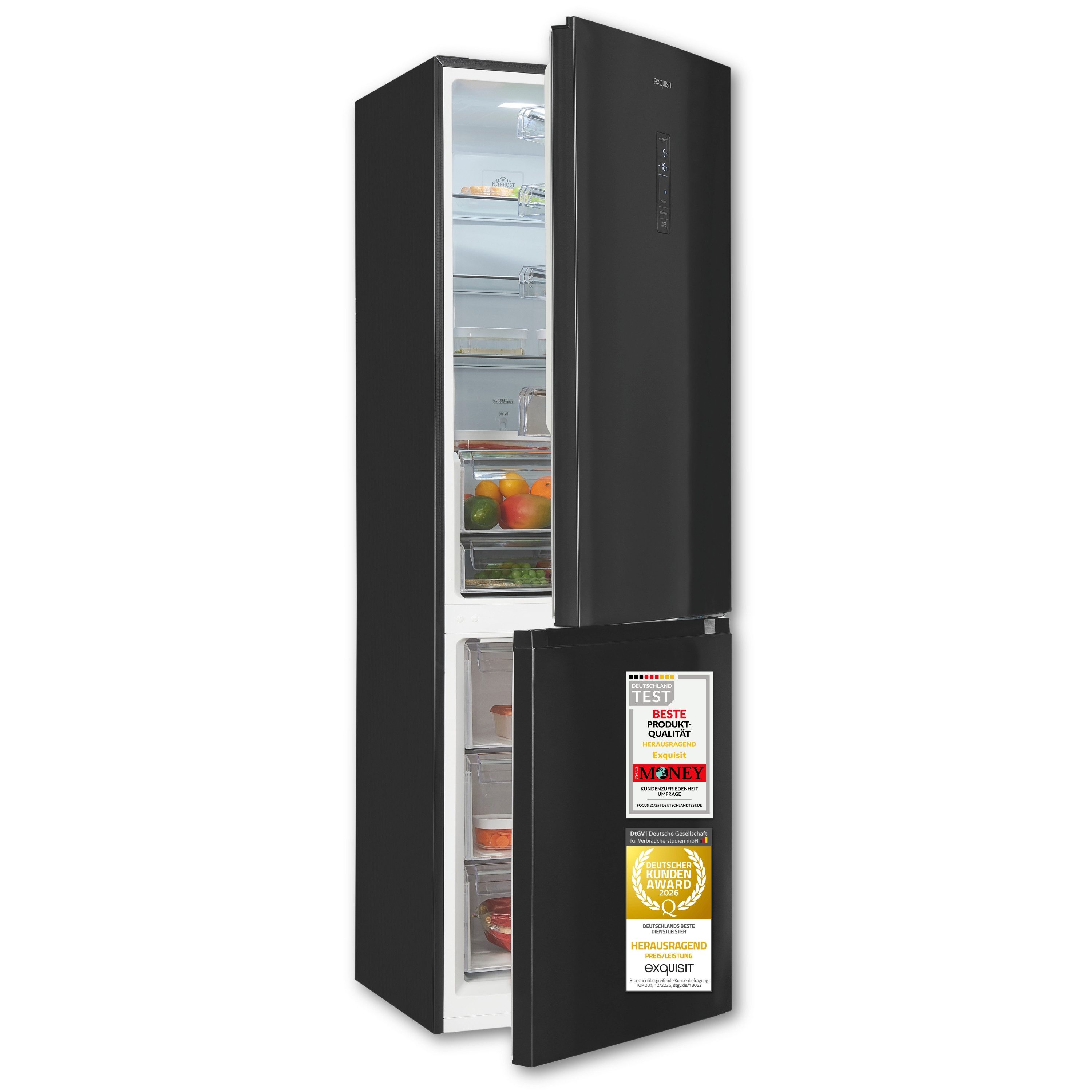 exquisit Kühl-/Gefrierkombination KGC5350-105-NF-040C, 195 cm hoch, 60 cm breit, LED-Beleuchtung, No-Frost, Holiday-Funktion, Schnellgefrieren
