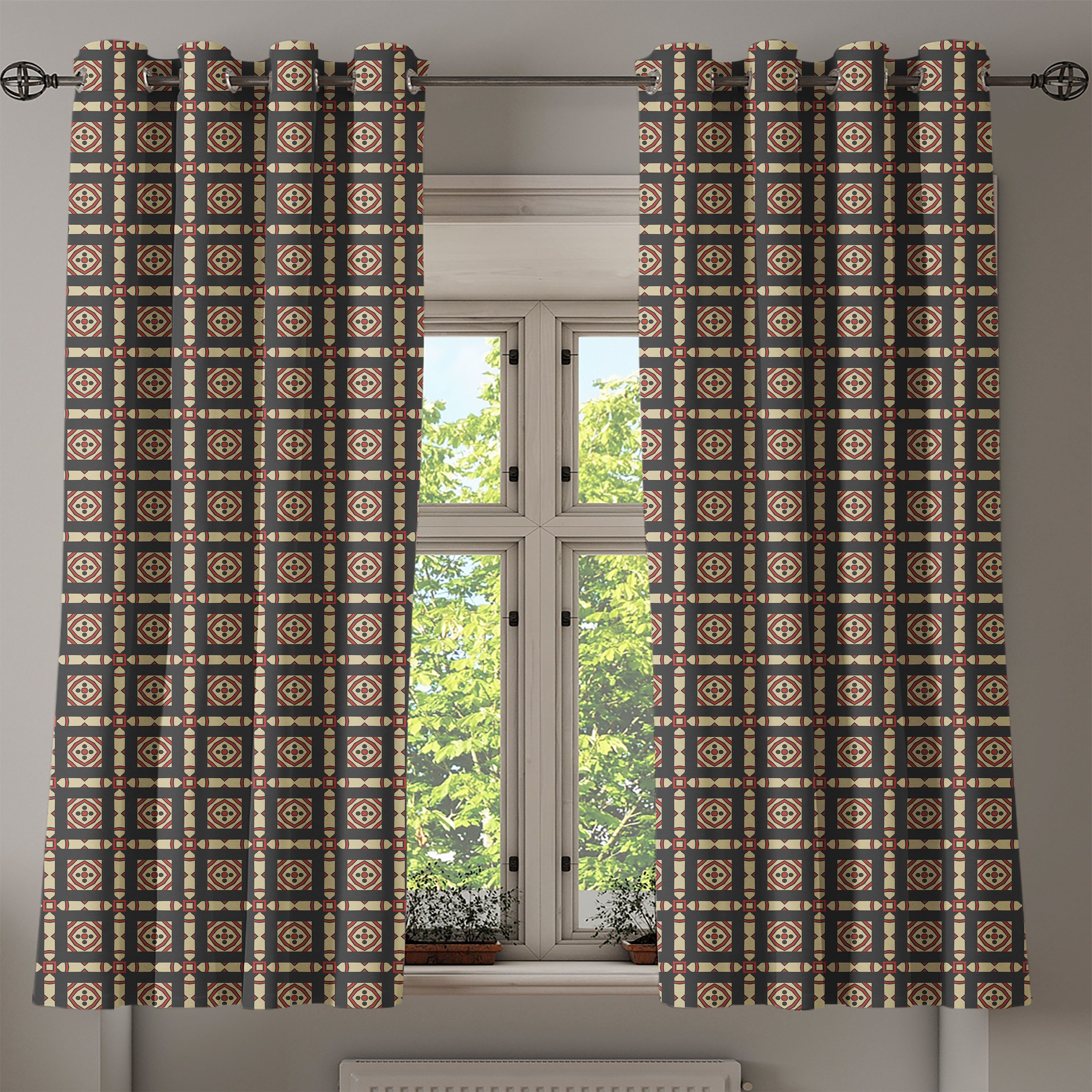 Gardine Schlafzimmer Abstrakt Geometrisches Abakuhaus, 2-Panel-Fenstervorhänge Wohnzimmer, für Dekorative und Retro