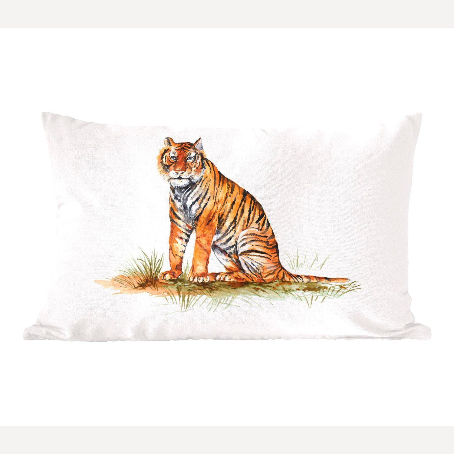 MuchoWow Dekokissen Tiger - Gras - Orange, Wohzimmer Dekoration, Zierkissen, Dekokissen mit Füllung, Schlafzimmer