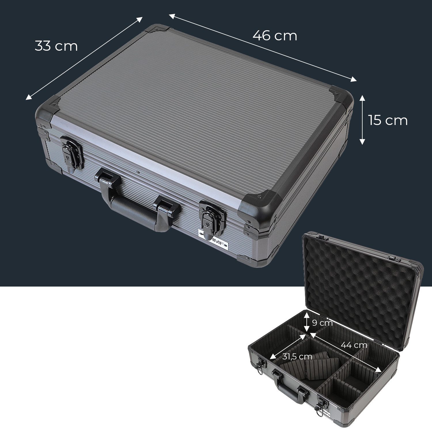 HMF Werkzeugkoffer Alu Transportkoffer, Metallkoffer, mit individueller Facheinteilung, 46x15x33 cm, schwarz – Bild 5 von 5
