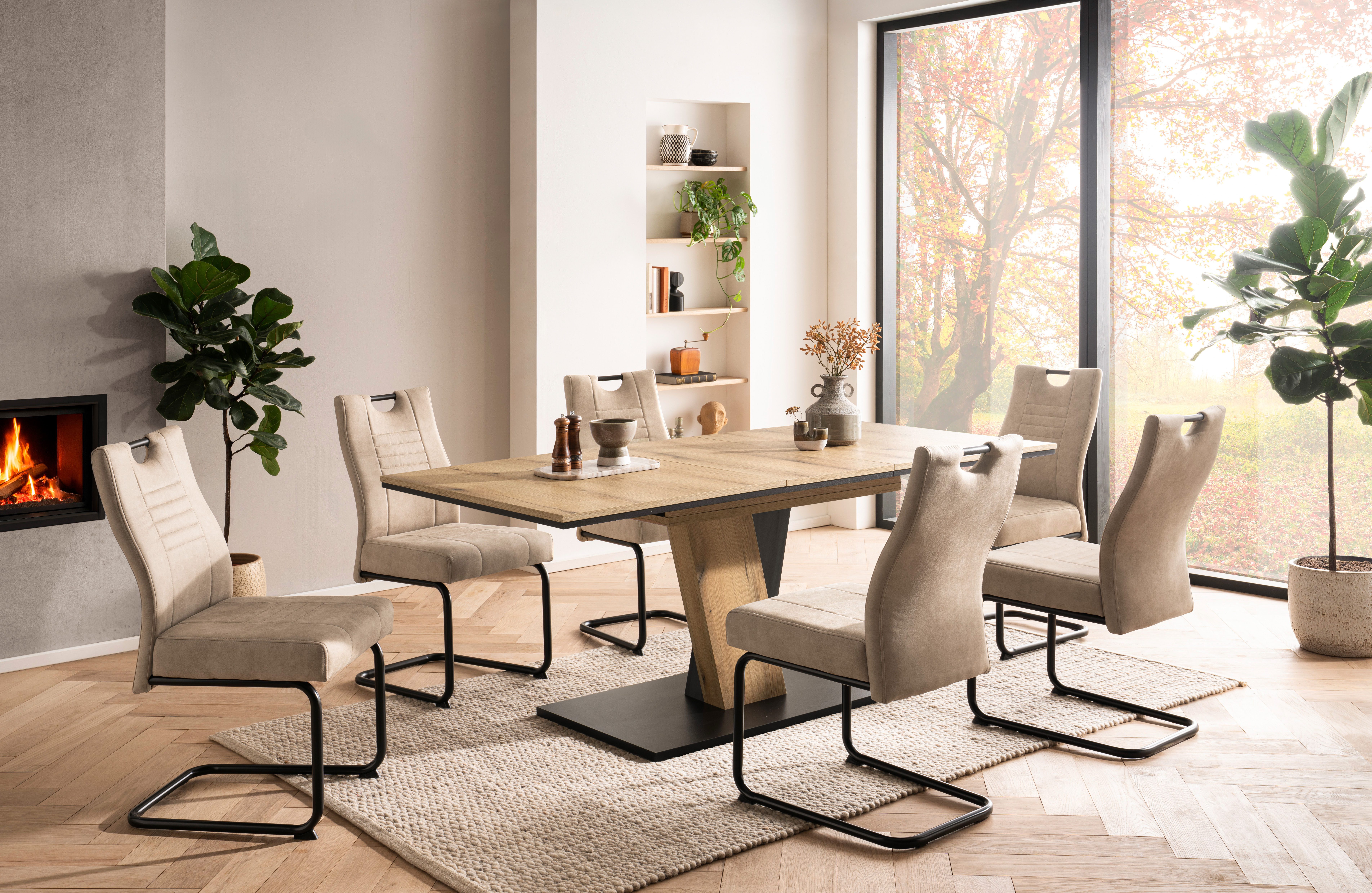 OTTO home Essgruppe "Altona", Esstisch ausziehbar plus 6 Stühle, TOPSELLER!, (7-tlg., Esstisch ausziehbar 140 - 180 cm, 6 Freischwinger), Säulentisch 140-180x90 cm, Stuhl mit Federkorb, 140 kg belastbar