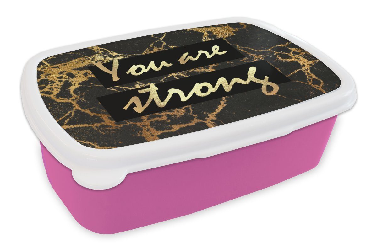 MuchoWow Lunchbox Zitat - Macht - Marmor - Gold, Kunststoff, (2-tlg), Brotbox für Erwachsene, Brotdose Kinder, Snackbox, Mädchen, Kunststoff rosa