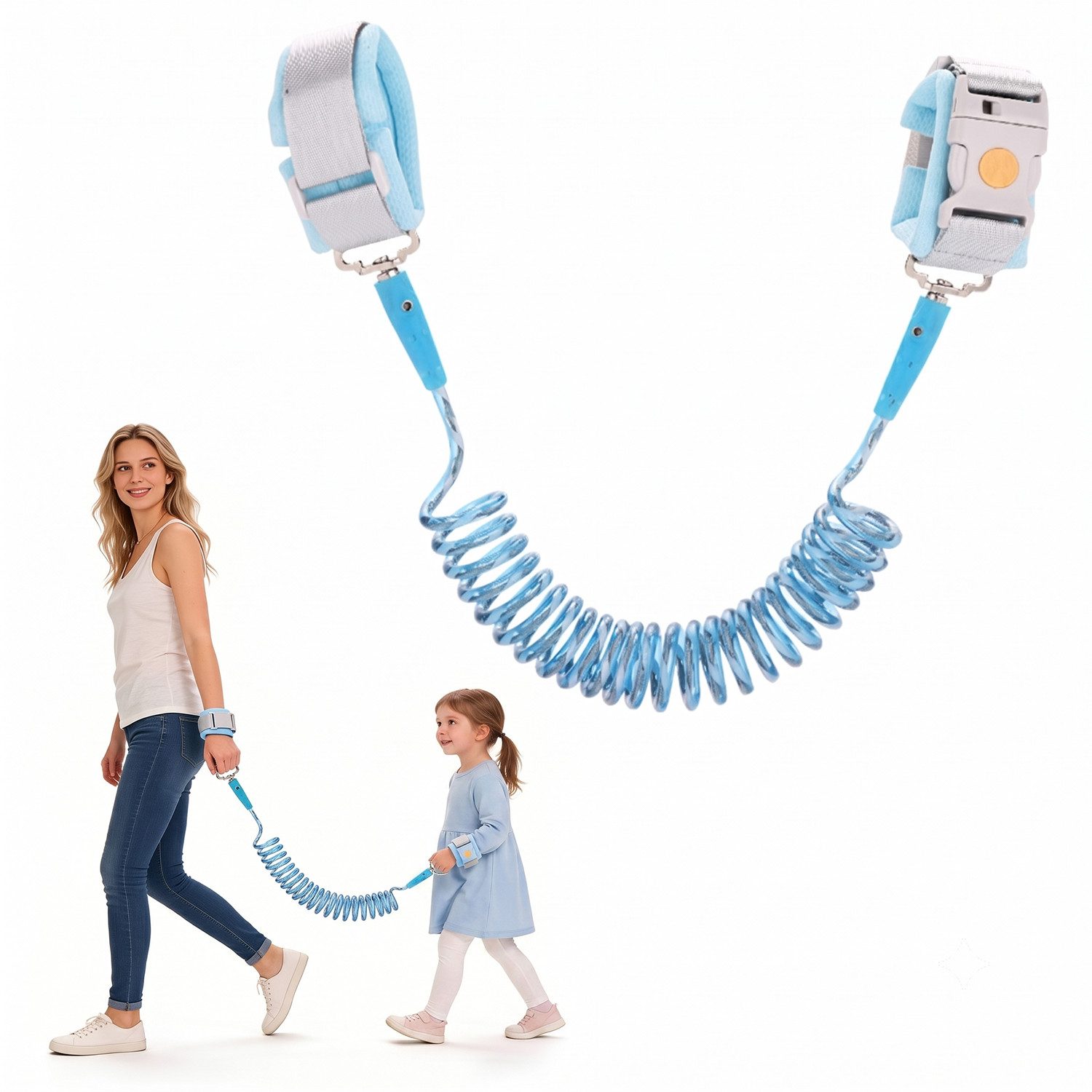 HEYHIPPO Führleine Kinder Sicherheitsleine 2m mit Schloss & Reflektor Blau/Pink, (Kinderleine mit Sicherheitsgurt –für Menschenmengen & Ausflüge), Anti-Verlust Leine – elastisches Stahlseil, für Spaziergänge & Reisen