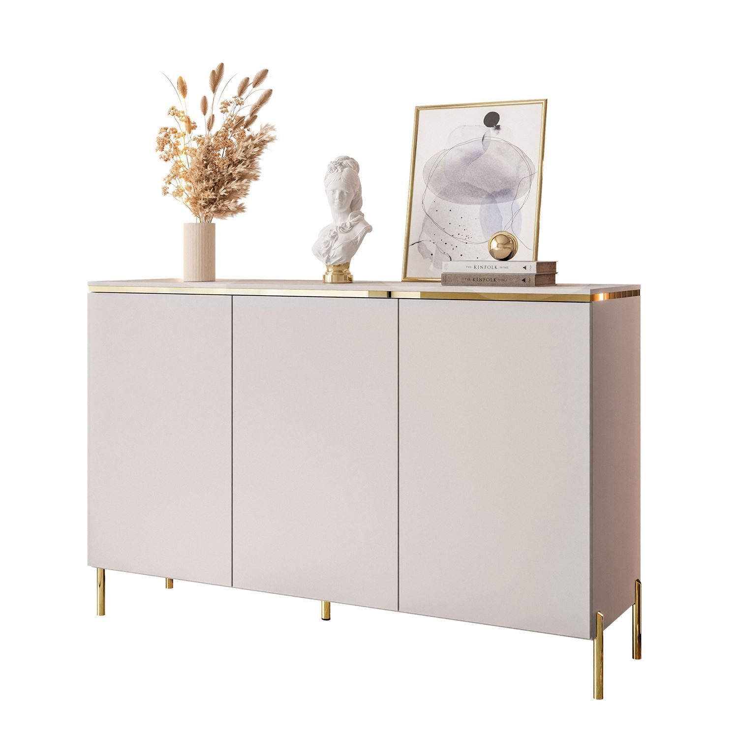 Lookway Kommode AURORA II Kaschmir Hängende Anrichte mit Dreitürige oder auf Beinen, 140x76/90/91x40 cm