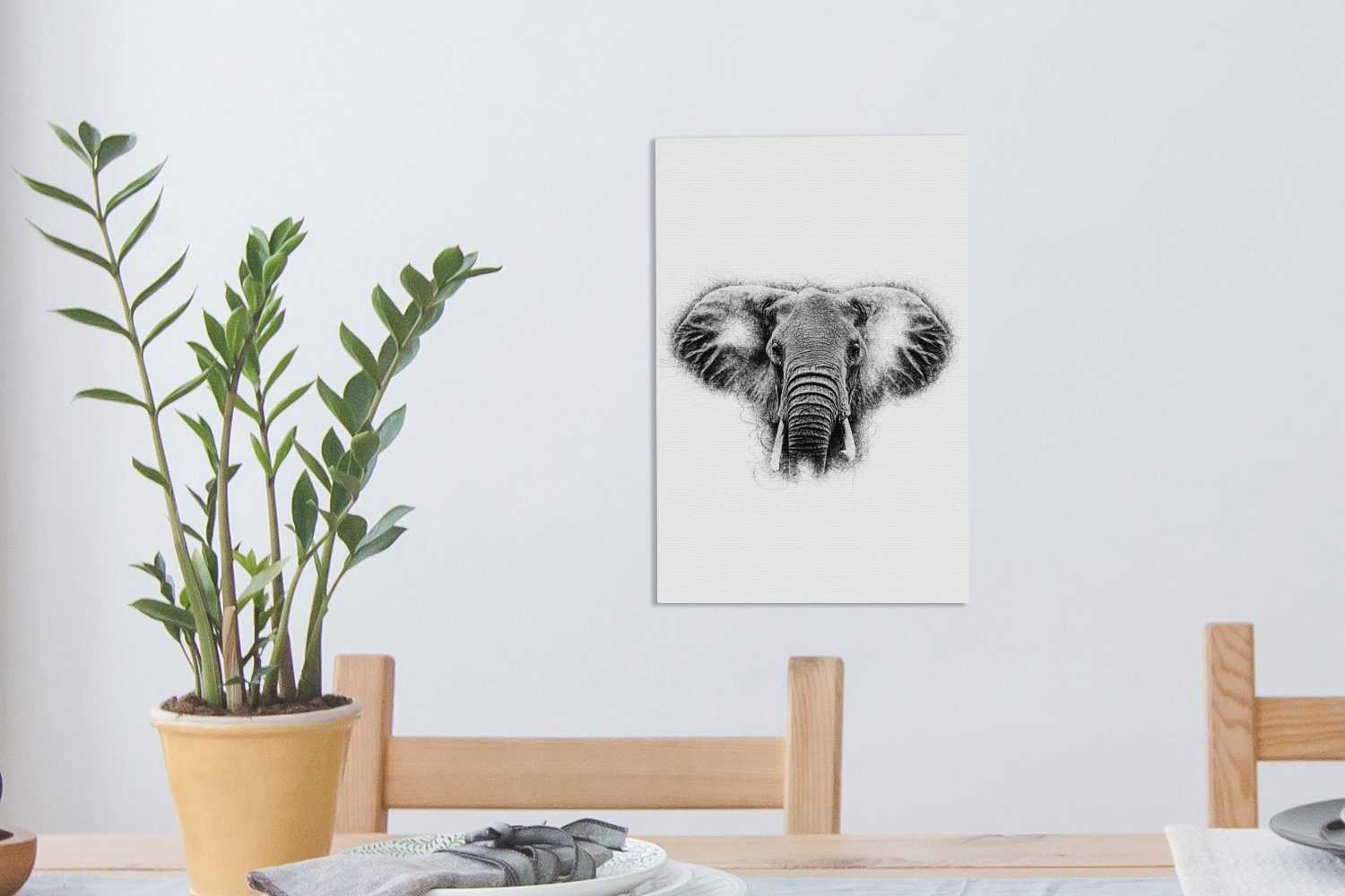 fertig - OneMillionCanvasses® Leinwandbild - Tasse, 20x30 Gemälde, Schwarz Elefant Leinwandbild (1 Weiß St), cm - inkl. Zackenaufhänger, bespannt