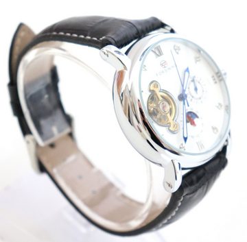 Rötting Design Automatikuhr Herrenuhr Automatikuhr offene Unruhe weißes Ziffernblatt Lederarmband, Tag/Nacht Phasen Anzeige