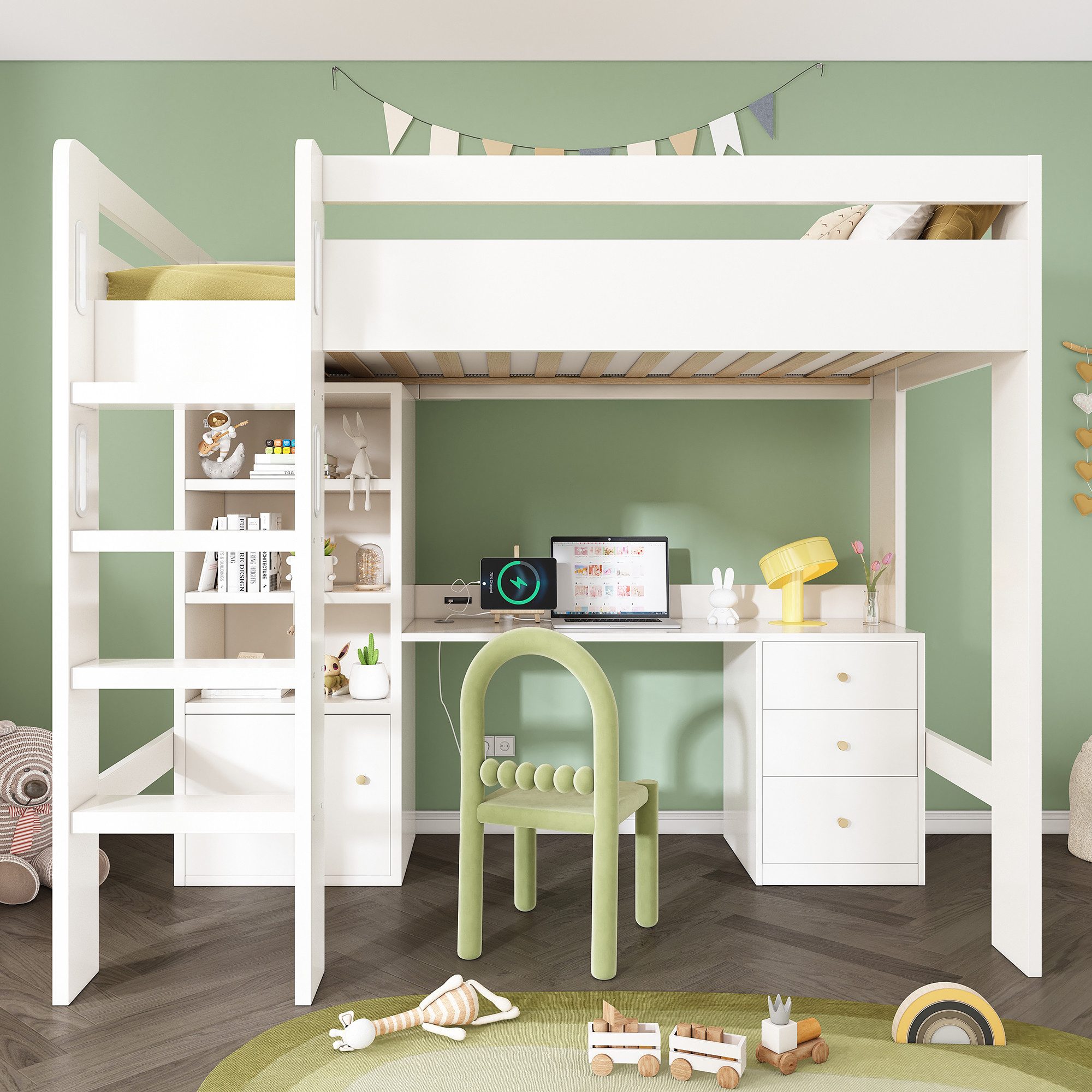 Merax Hochbett (1-St) Kinderbett 90x200 mit Schreibtisch, Kleiderschrank & günstig online kaufen