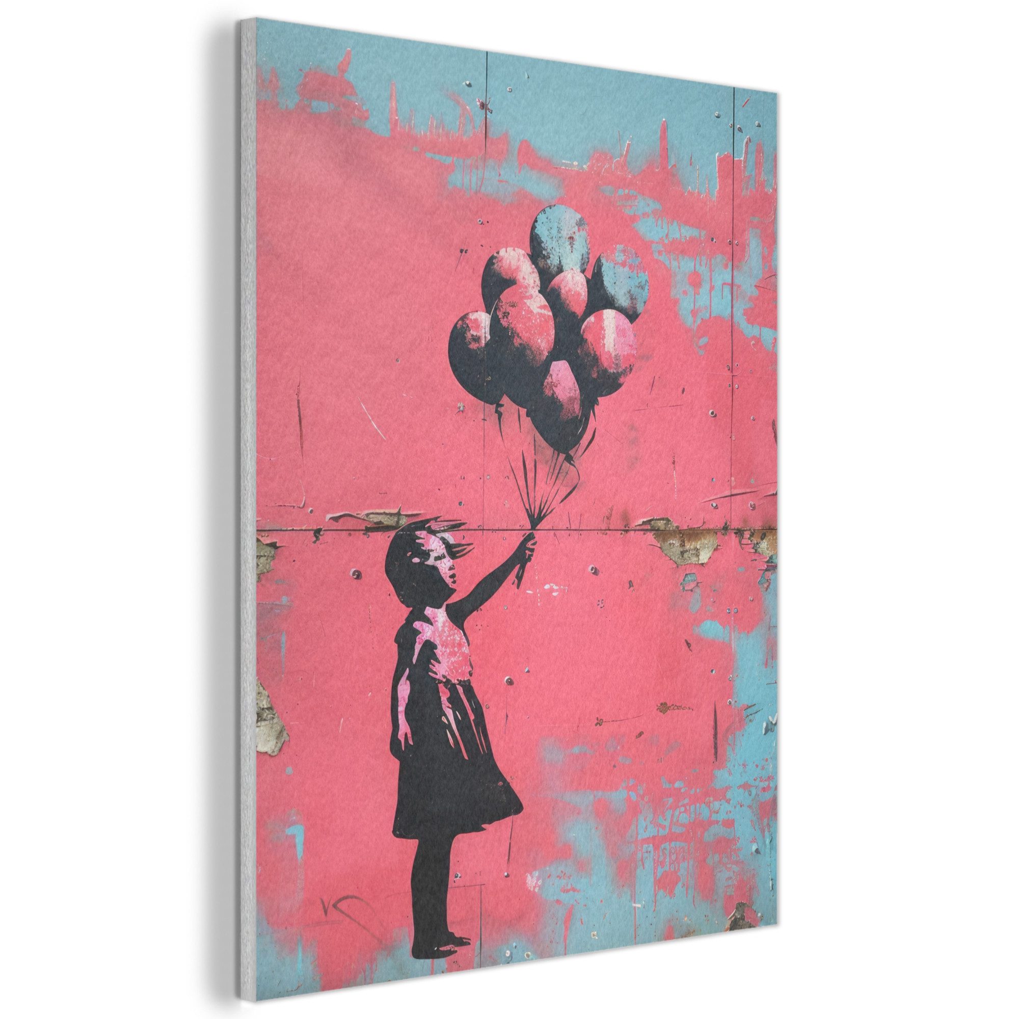 MuchoWow Gemälde Graffiti - Mädchen - Luftballon - Rosa - Blau - Straßenkunst, Fotodruck (1 St), Akustikpaneele, Wandpaneele, Schalldämmung, Akustikbilder 30x40 cm