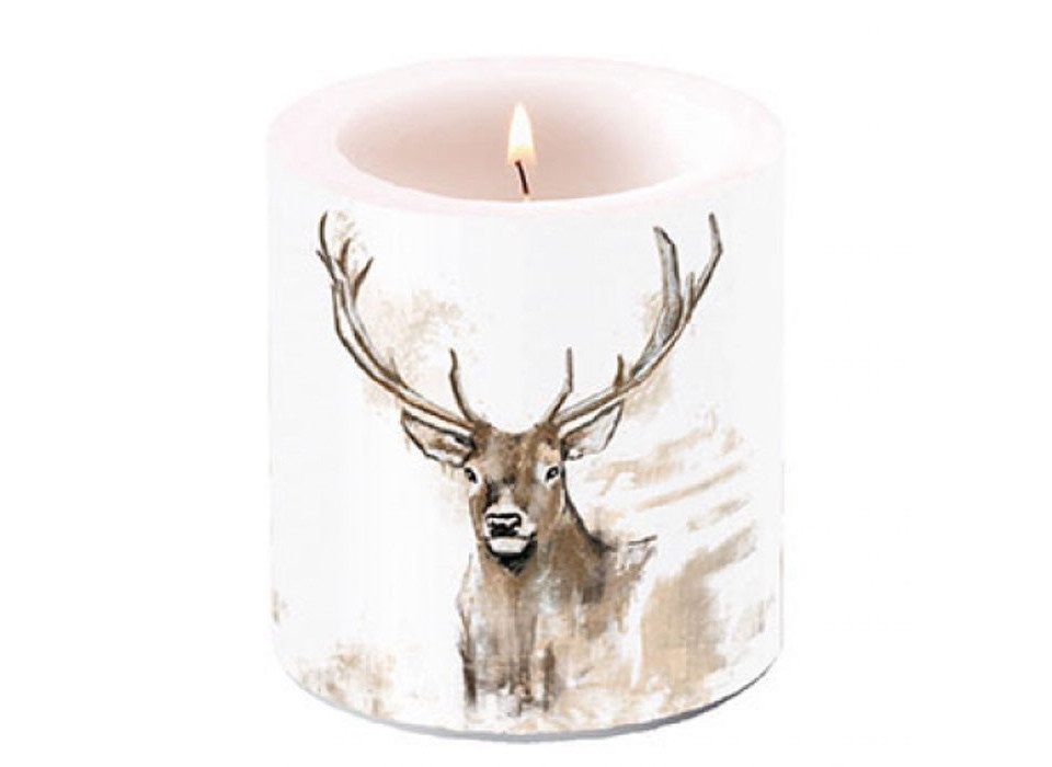Stumpenkerze Kerze Windlicht Hirsch Weihnachten Herbst Wild Jäger 9cm Hoch 7,5cm Ø