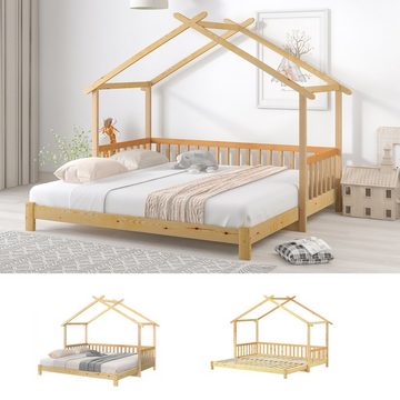 Sweiko Hausbett, Kinderbett mit Rausfallschutz, Ausziehbares Bett, Kiefer, 90*200cm