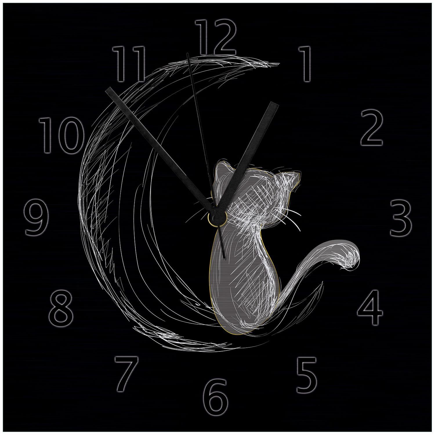 in Katze auf Mond sitzt weiß schwarz (Aluverbunduhr) Wallario - Wanduhr illustriert dem auf
