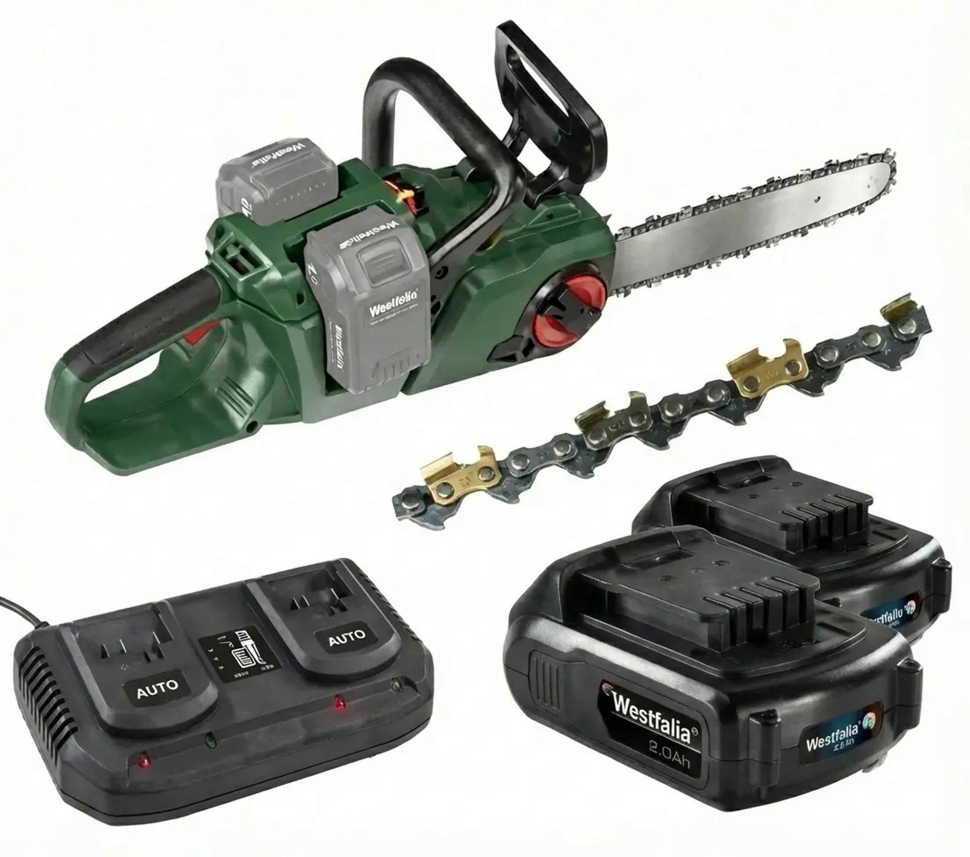 Westfalia Werkzeug Akku-Kettensäge Set Akku-Kettensäge "GMAK 36/40" + 2 x 18V LI-ION Akku 2,0 Ah + Doppel