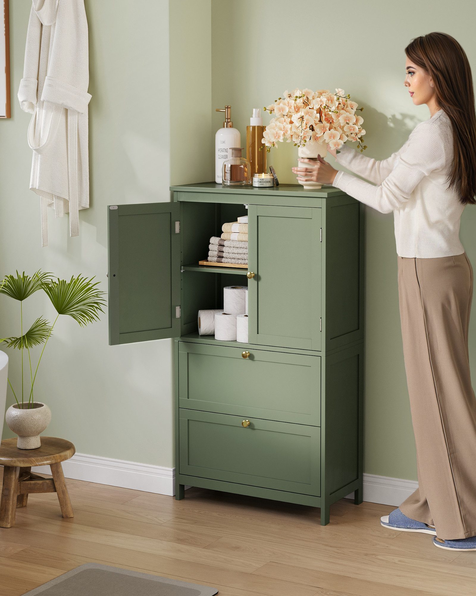 VASAGLE Badkommode Badezimmerschrank Badschrank verstellbare Ablage, mit 2 Türen und 2 Schubladen, 60 x 30 x 110 cm, Küchenschrank – Bild 4 von 5